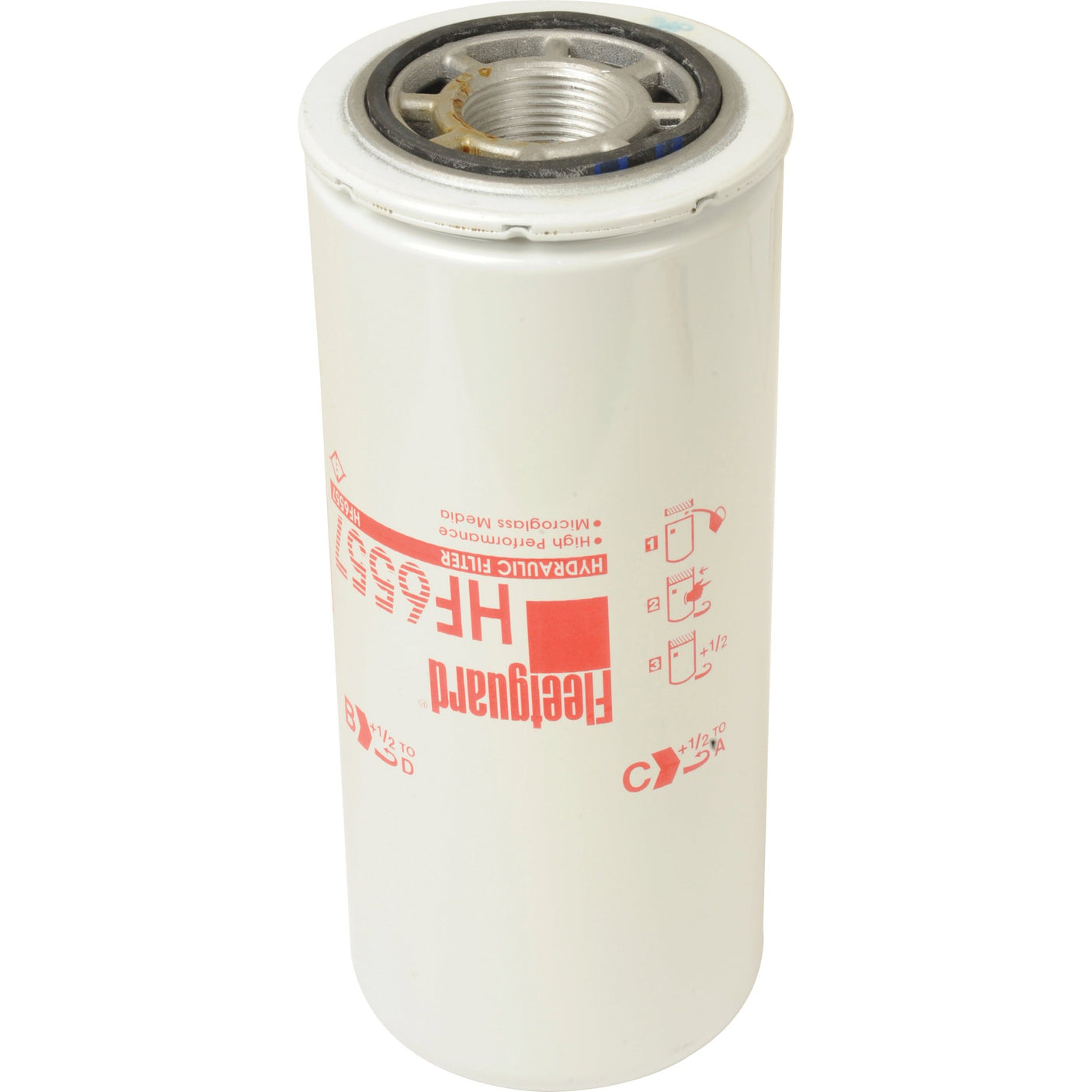 Sparex Hydraulic Filter - Spin On - HF6557 (Sparex Part No. S.109341) in white, with red text and symbols indicating installation instructions, compatible with John Deere.