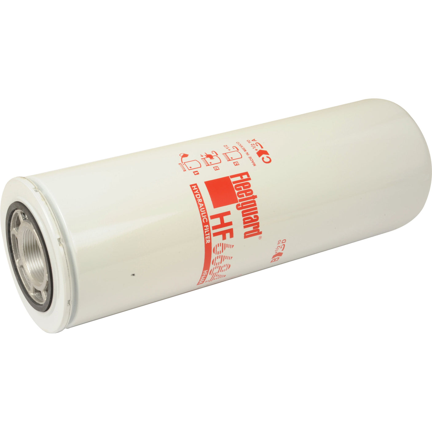 A cylindrical white hydraulic filter with red branding and specifications is shown standing on its side, offering a dependable Sparex alternative for Case IH compatible machinery. The product is the Hydraulic Filter - Spin On - HF6684 | Sparex Part No. S.109347.