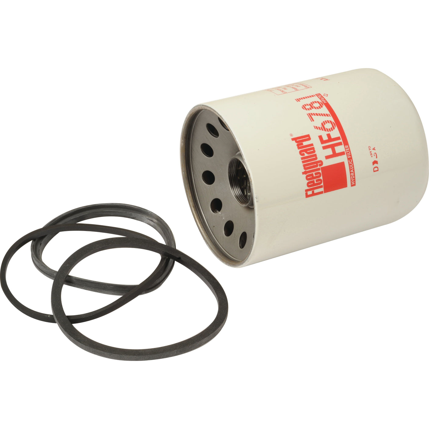 Image of a Sparex Hydraulic Filter - Spin On - HF6781 (Sparex Part No.S.109353) with three rubber O-rings placed beside it. The filter is white with red text and has multiple circular openings on one side, ideal for John Deere machinery maintenance.