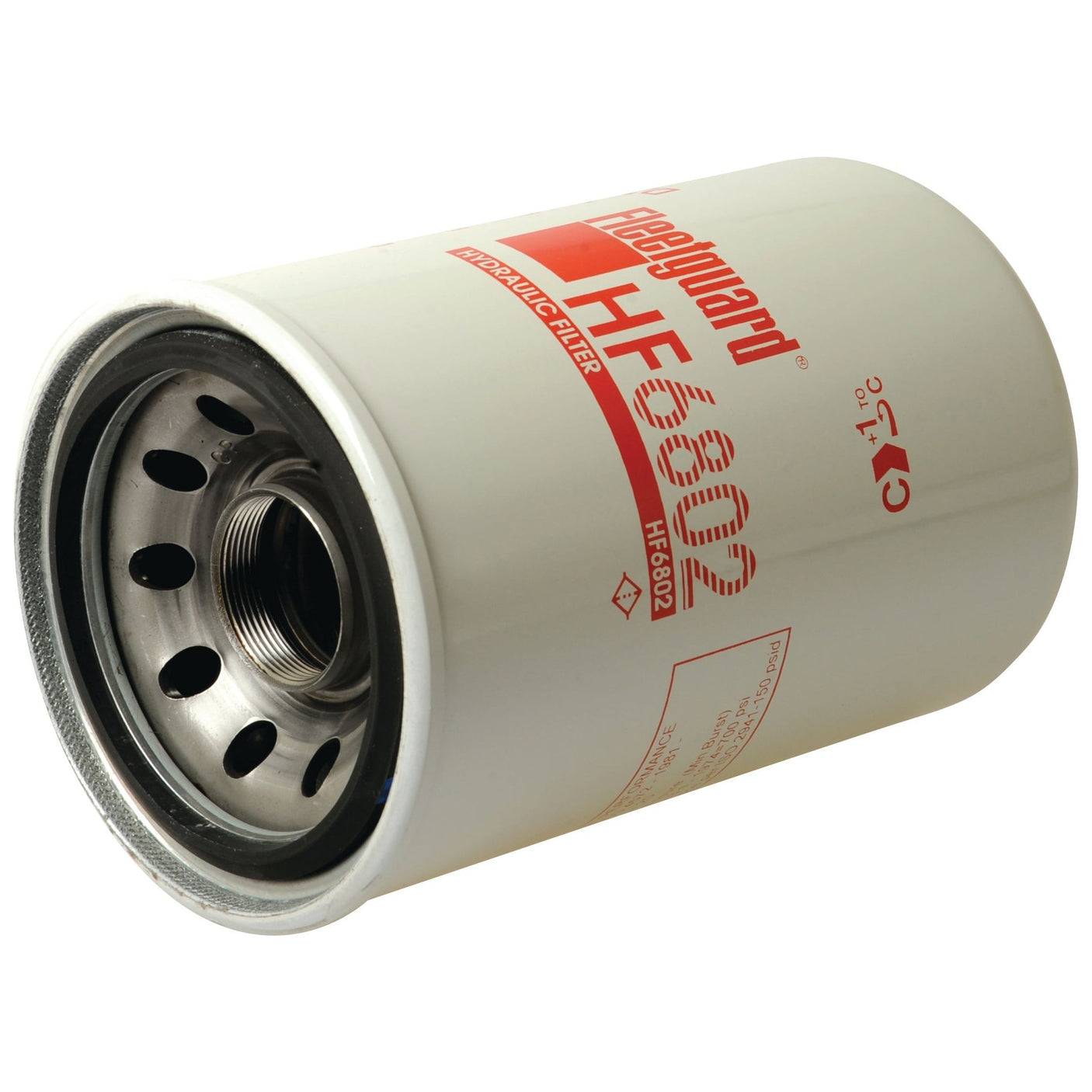 A white cylindrical hydraulic filter, labeled with "Fleetguard HF6802" in red text, compatible with John Deere equipment is available as the Sparex Hydraulic Filter - Spin On - HF6802 (Part No. S.109354).