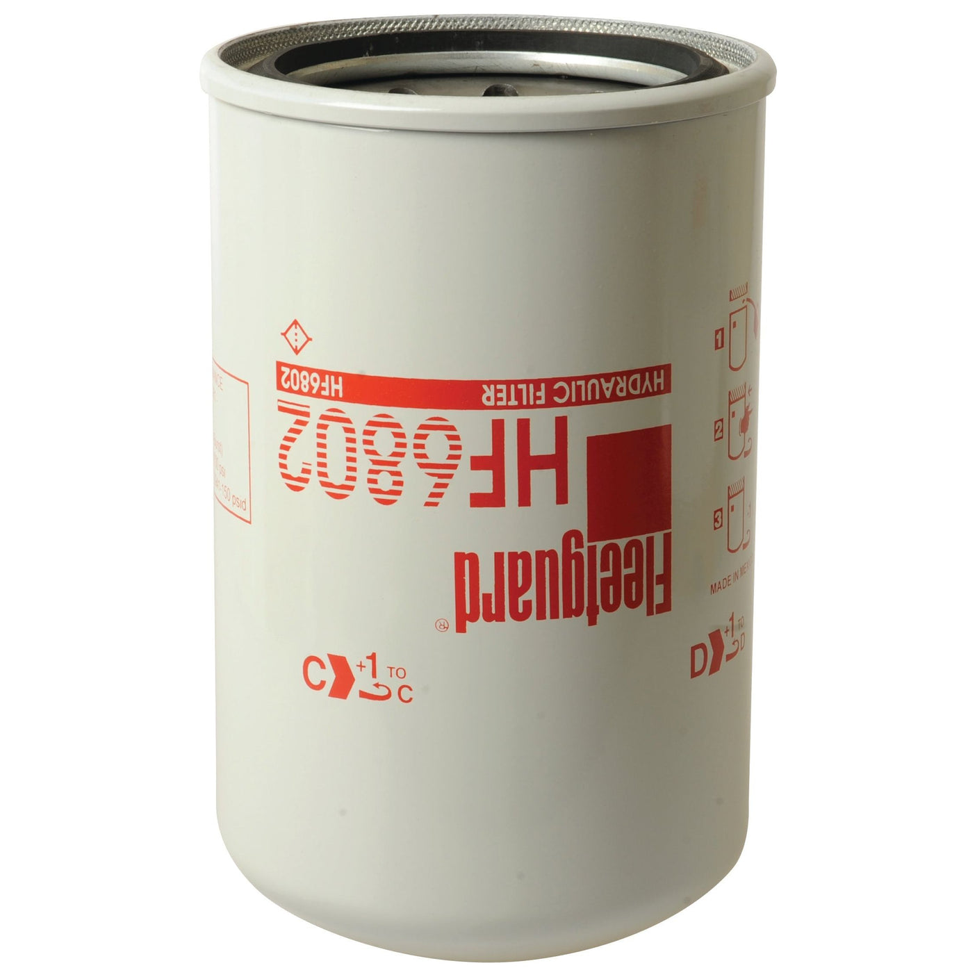 A white cylindrical hydraulic filter labeled "Sparex S.109354 HF6802" with red text and symbols, perfect for John Deere machinery.