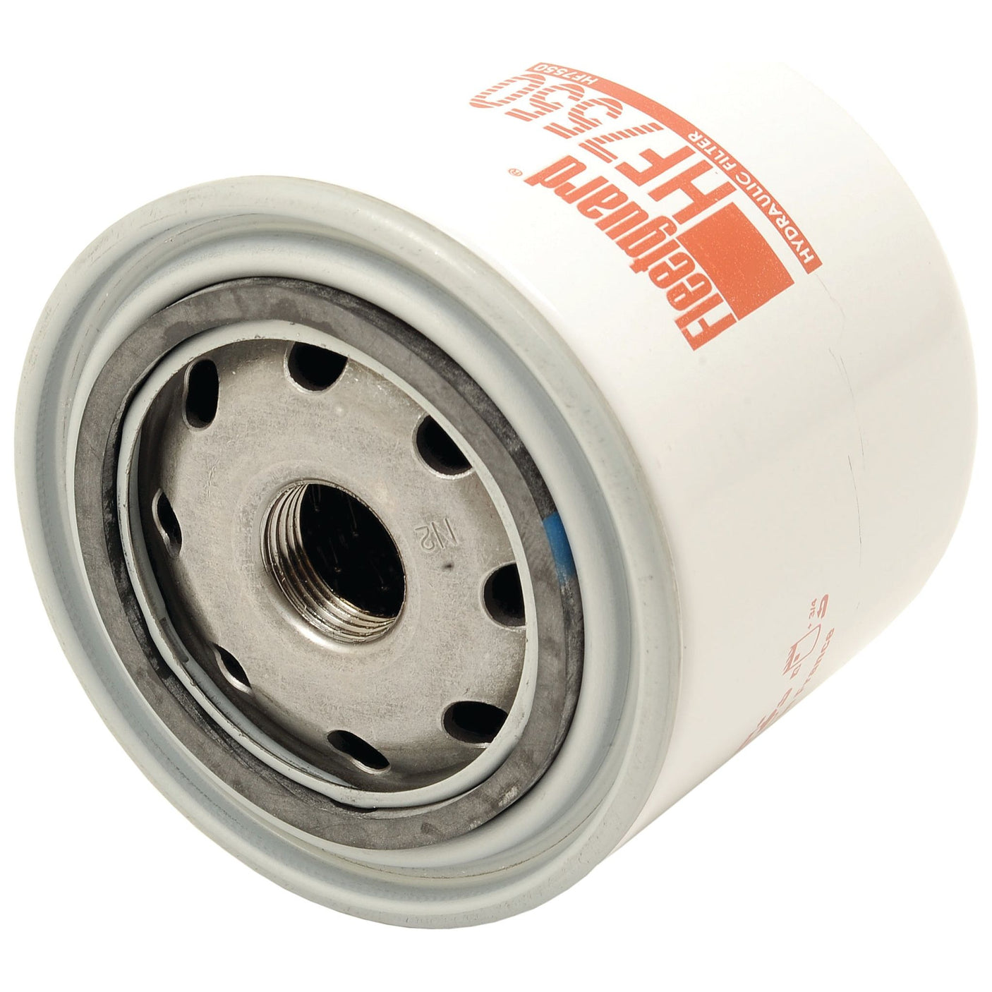 Close-up of a cylindrical white oil filter with "Fleetguard LF" and "Cummins" logos in red and orange printed on the side. The central threaded hole is visible, surrounded by small round openings, reminiscent of the robust Sparex Hydraulic Filter - Spin On - HF7550 (Sparex Part No. S.109359) used in Case IH/International Harvester equipment.