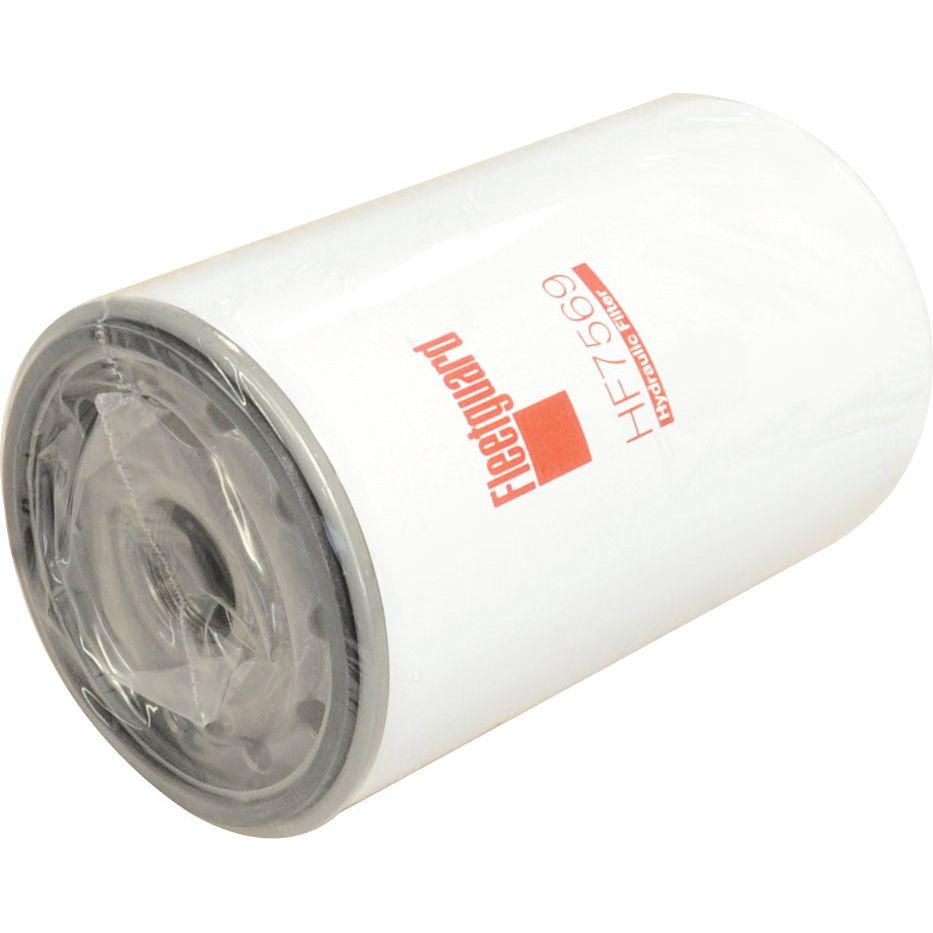 A cylindrical Sparex HF7569 hydraulic filter (Spin On - S.109361) with a white exterior, black seals, and red branding is shown against a plain background. This premium filter is compatible with Case IH machinery, ensuring optimal performance and reliability.