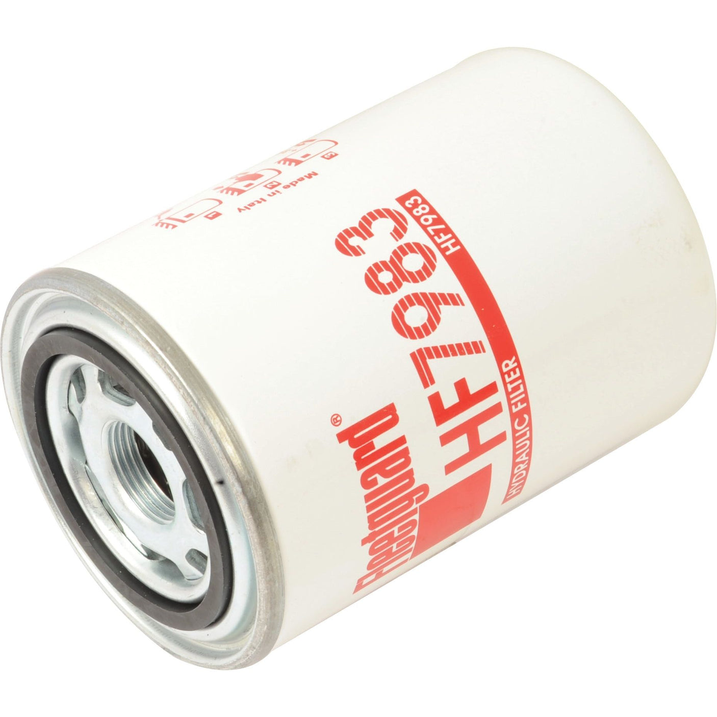 A white cylindrical hydraulic filter with a metal base and printed text indicating the model number HF7983 and "Sparex," suitable for a JCB 530-70, referred to as Hydraulic Filter - Spin On - HF7983 | Sparex Part No. S.109372.