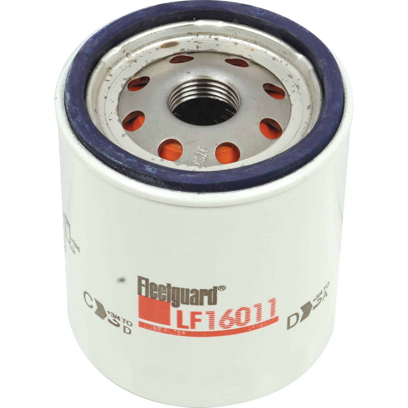 A cylindrical oil filter with a white casing, labeled "Oil Filter - Spin On - LF16011 | Sparex Part No.S.109374," designed for Ford/New Holland Tractor by Sparex. The top features a metal surface with multiple holes and a central threaded hole.