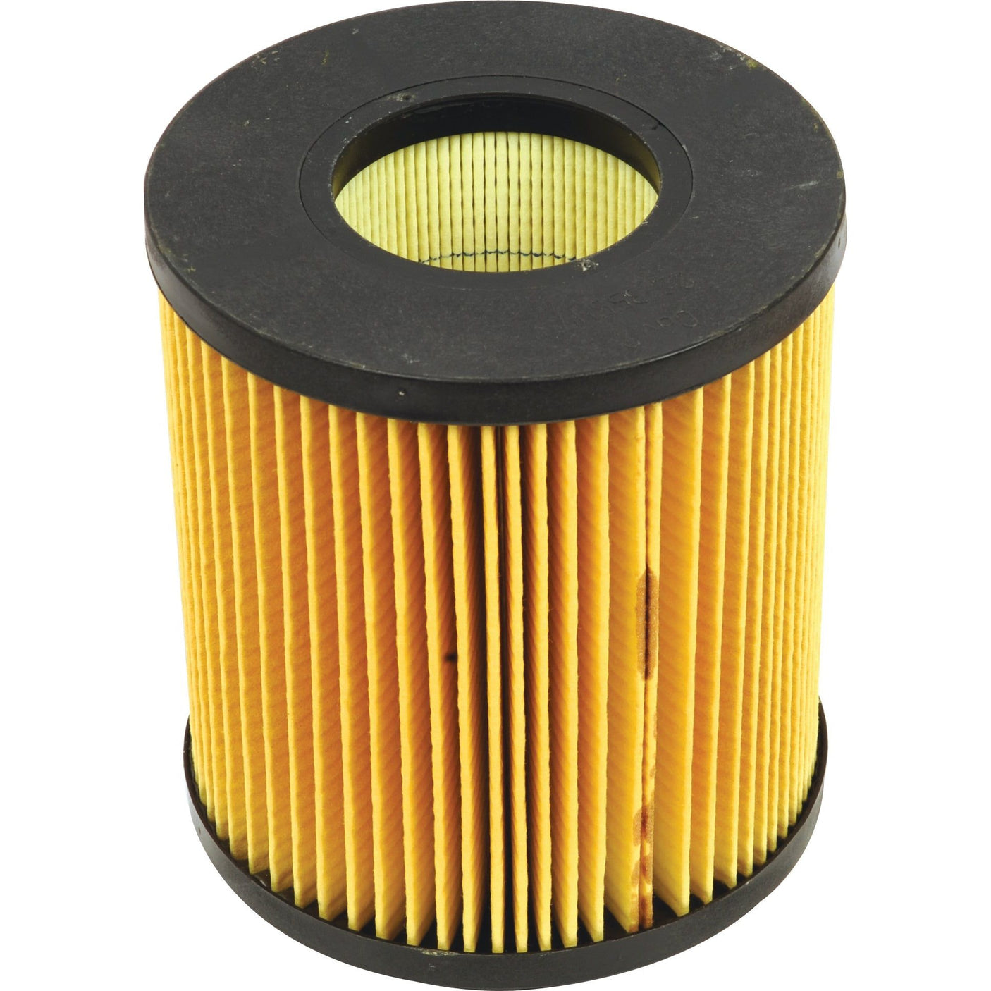 Sparex Oil Filter - Element - LF16043 (Sparex Part No. S.109377) with cylindrical, pleated yellow design and black rubber ends, compatible with John Deere machinery, viewed from an angle.