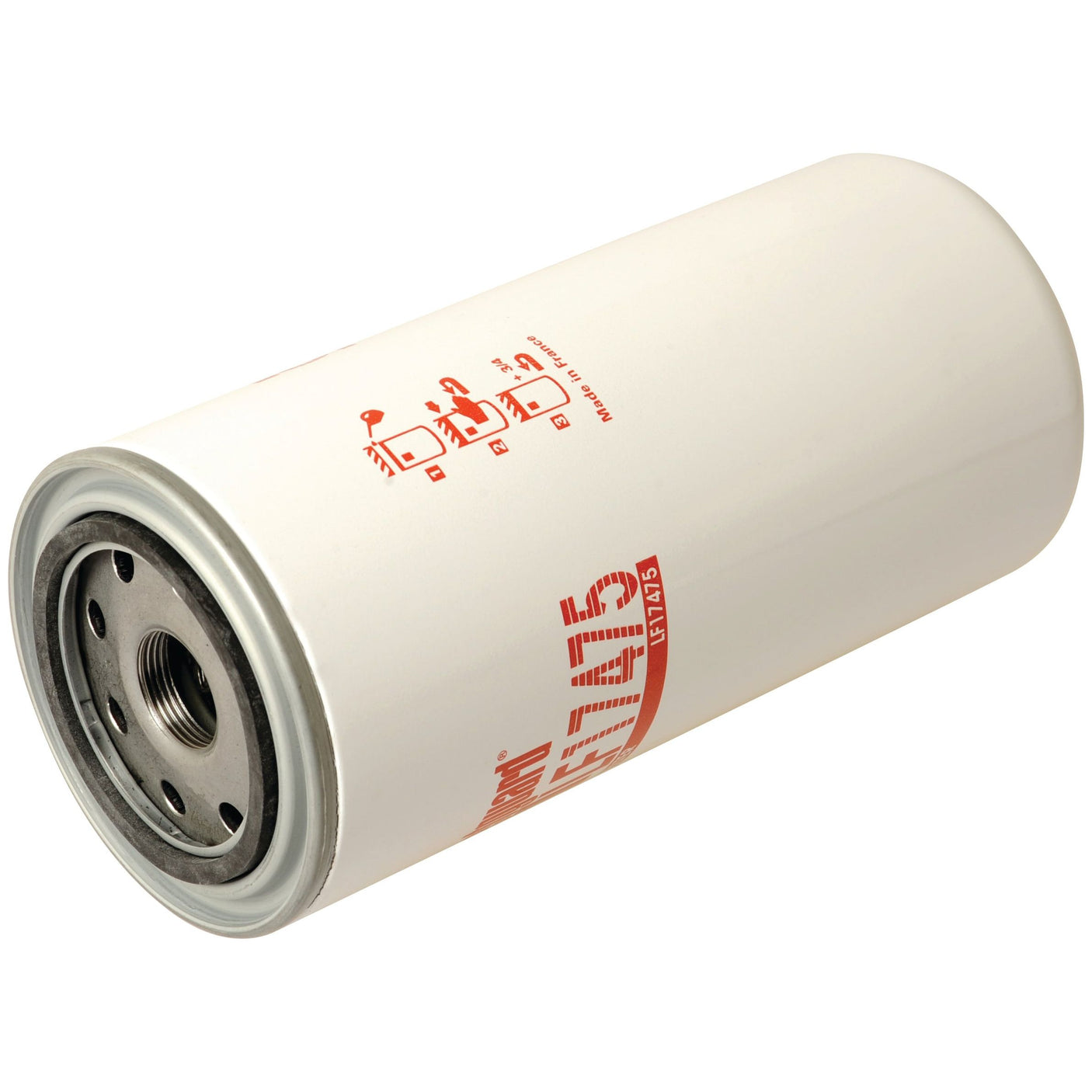 This Sparex Oil Filter - Spin On - LF17475 (Sparex Part No. S.109385) is cylindrical and white, featuring detailed text and diagrams in red. It includes a metallic threaded opening on one end, making it ideal for fitting the specifications of the Fleetguard LF17475 model and suitable for Massey Ferguson 5465 tractors.