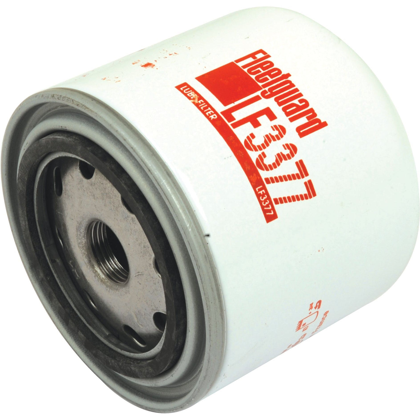 A white cylindrical automotive filter with red text and labeling indicating a Sparex oil filter, model number S.109403 (Spin On - LF3377), comparable to Fleetguard's quality.