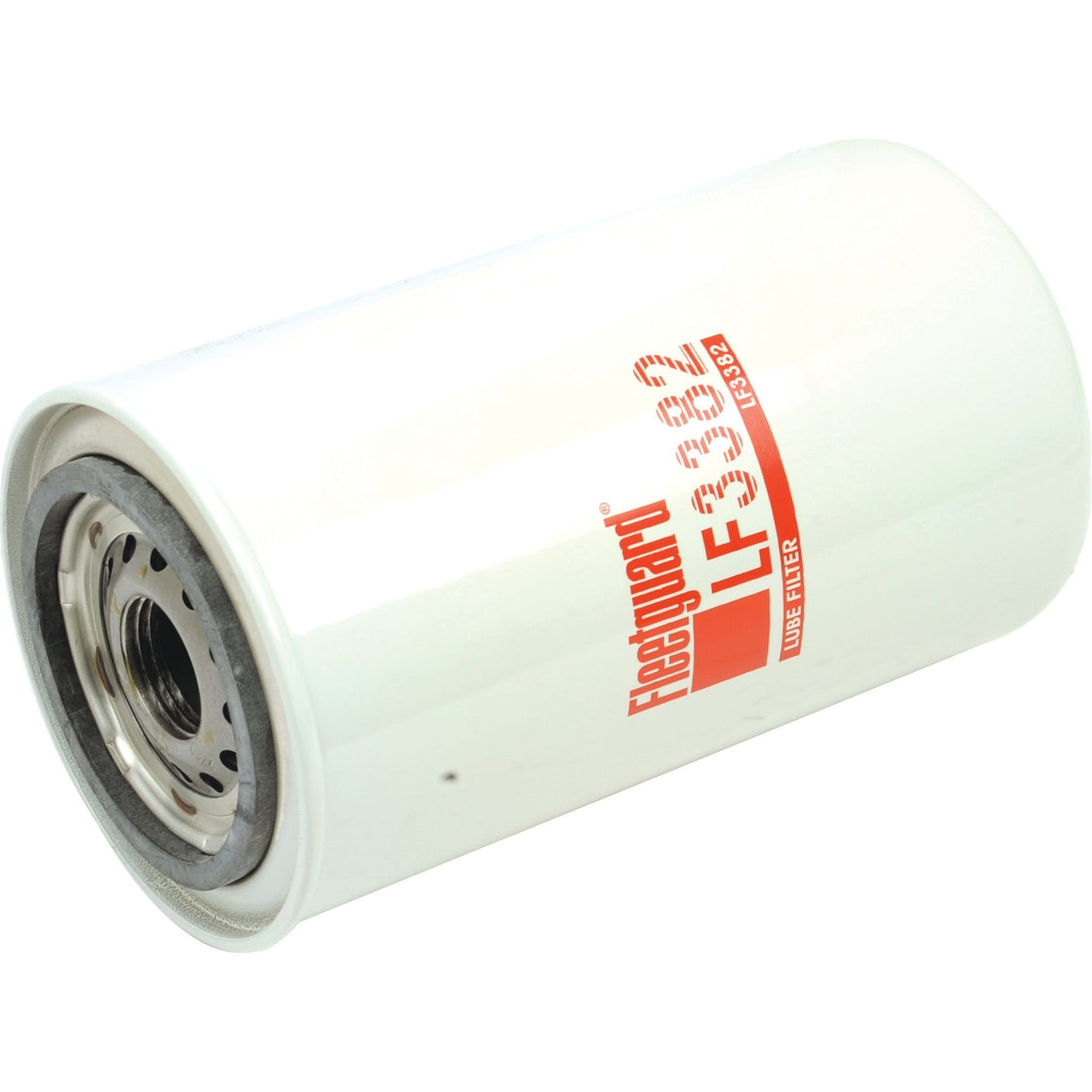 A white Sparex Oil Filter - Spin On - LF3382 with red text lies horizontally, showing the threaded end and metal inlet holes—an essential component for maintaining Case IH parts.