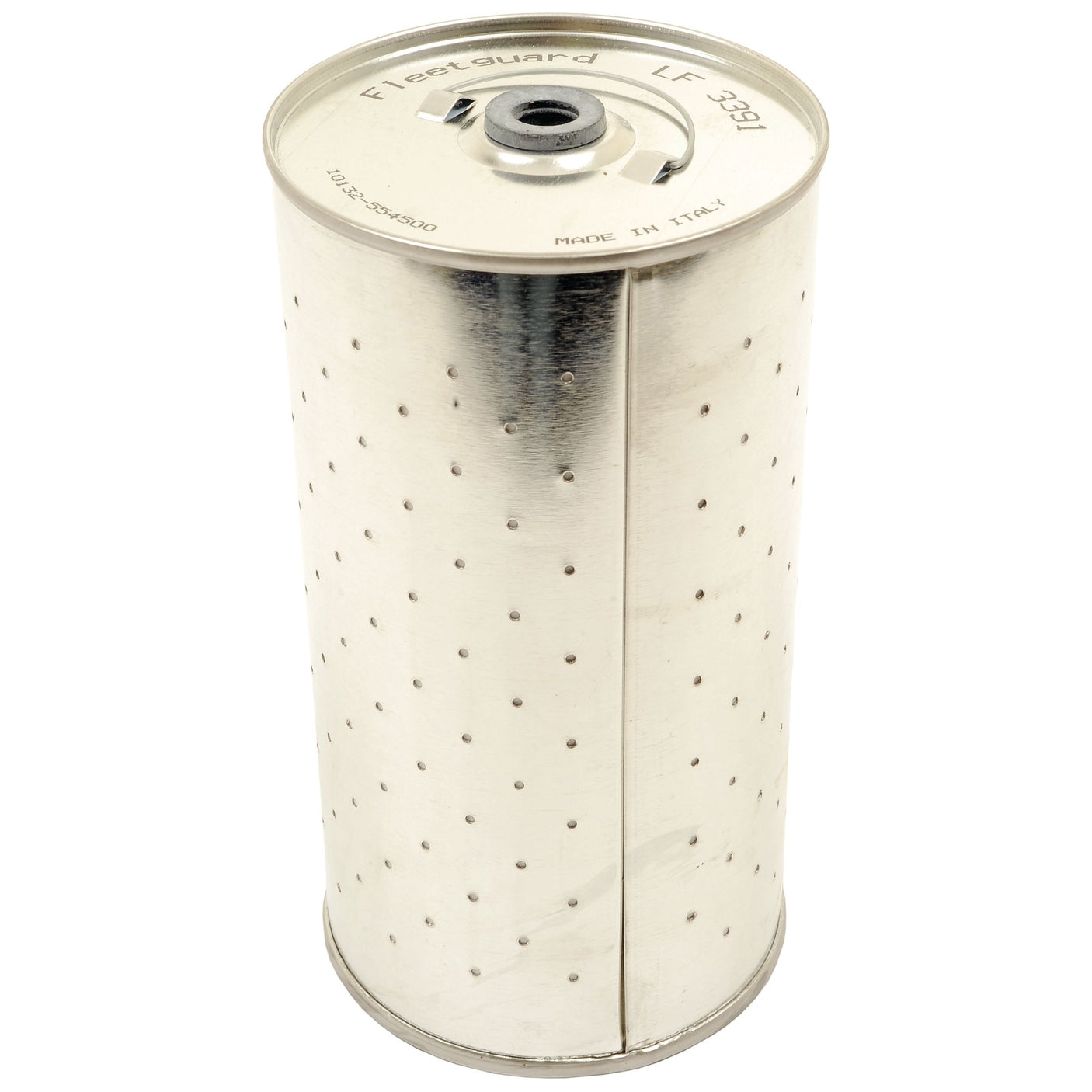 A cylindrical Sparex Oil Filter - Element - LF3391 (Sparex Part No. S.109406) with a metallic perforated body and a central threaded connector on top, suitable for use in Claas DOMINATOR machinery.