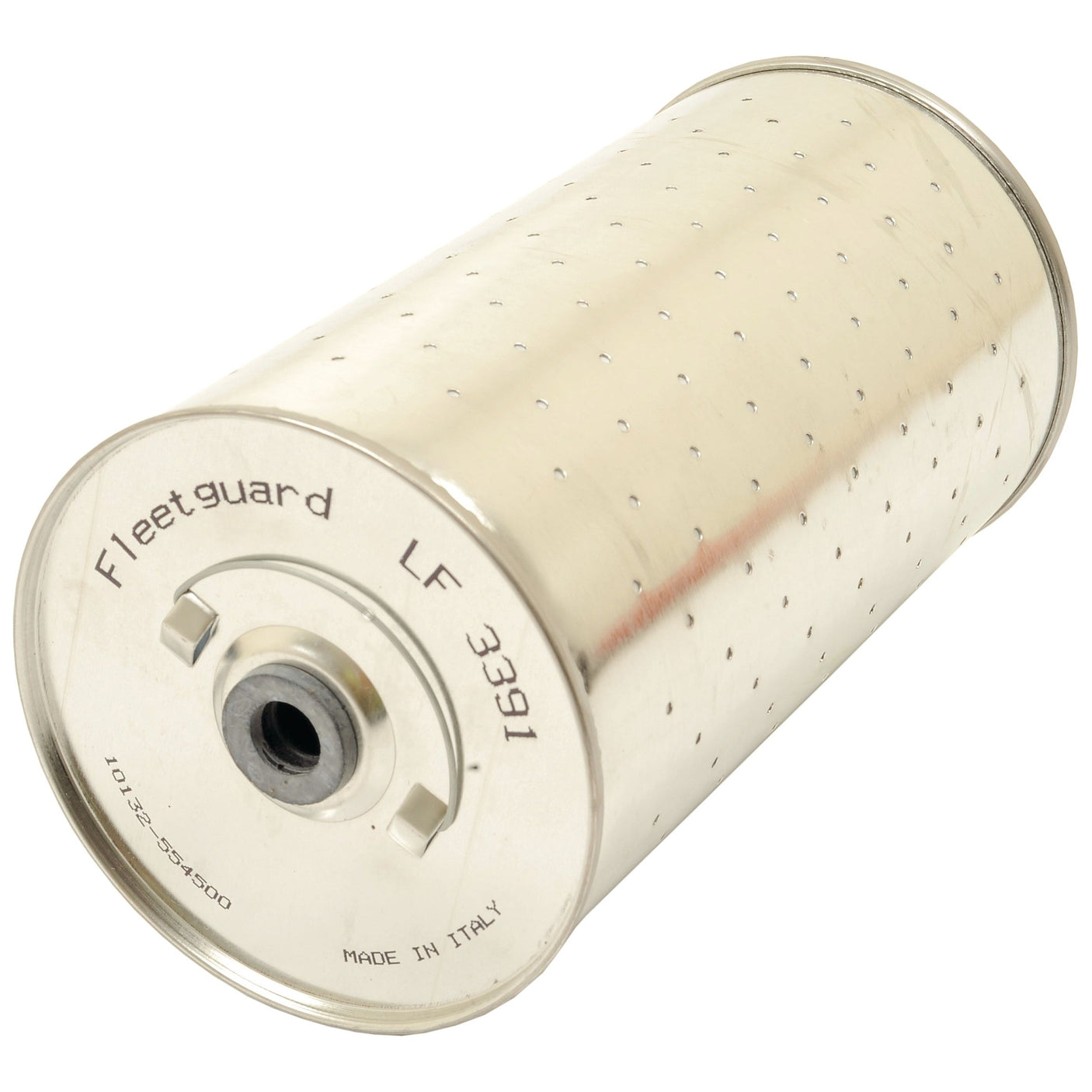 A cylindrical metal oil filter engraved with "Sparex LF3391" and "Made in Italy," featuring perforations and a central mounting hole, is ideal for Claas DOMINATOR machinery. (Sparex Part No. S.109406)