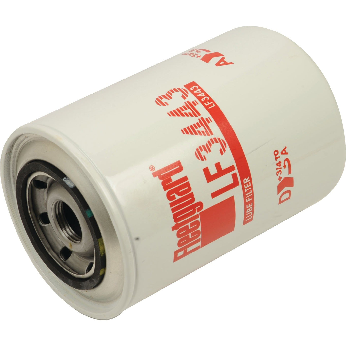 A cylindrical Sparex Oil Filter - Spin On LF3443SC with a white body and red lettering, featuring a metal base with holes for fitting—ideal for those seeking a reliable Ford/New Holland Filter.