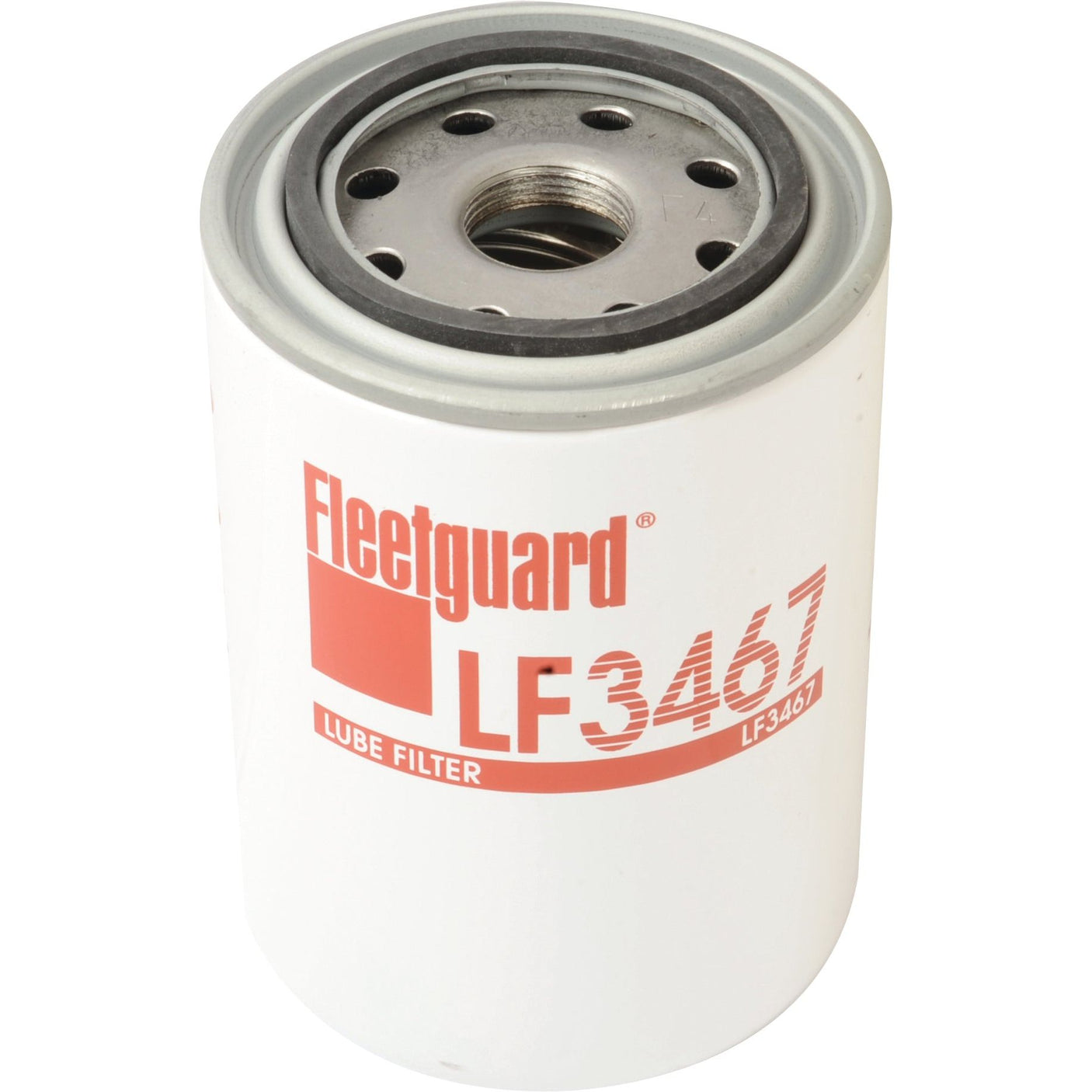 The Sparex Oil Filter - Spin On - LF3467 (Sparex Part No. S.109412), designed for models such as the John Deere 5075E, features a white cylindrical exterior and a metallic top with multiple holes.