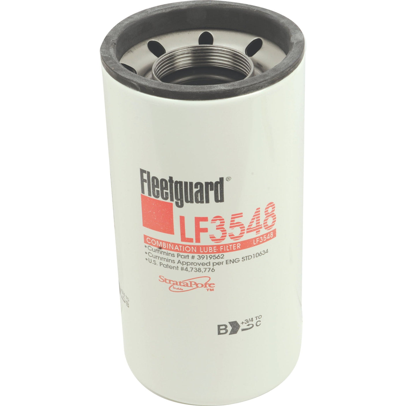 A Sparex oil filter - Spin On - LF3548 (Sparex Part No. S.109421) with part numbers and specifications printed on its white cylindrical body, is compatible with Case IH equipment.