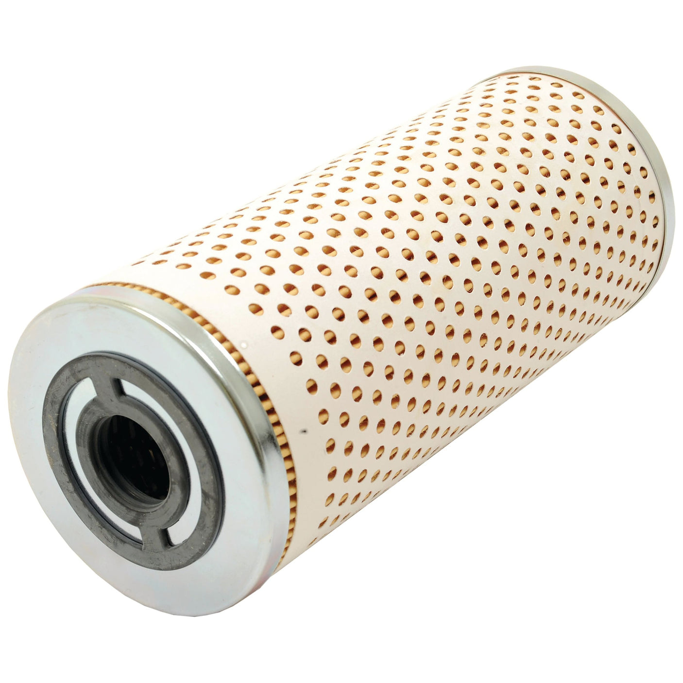 The oil filter element, known as the Oil Filter - Element - LF3573 (Sparex Part No. S.109423) by Sparex, features a perforated white outer casing and metal ends similar to a Fleetguard oil filter, and is designed to effectively remove particles from air or fluid systems.