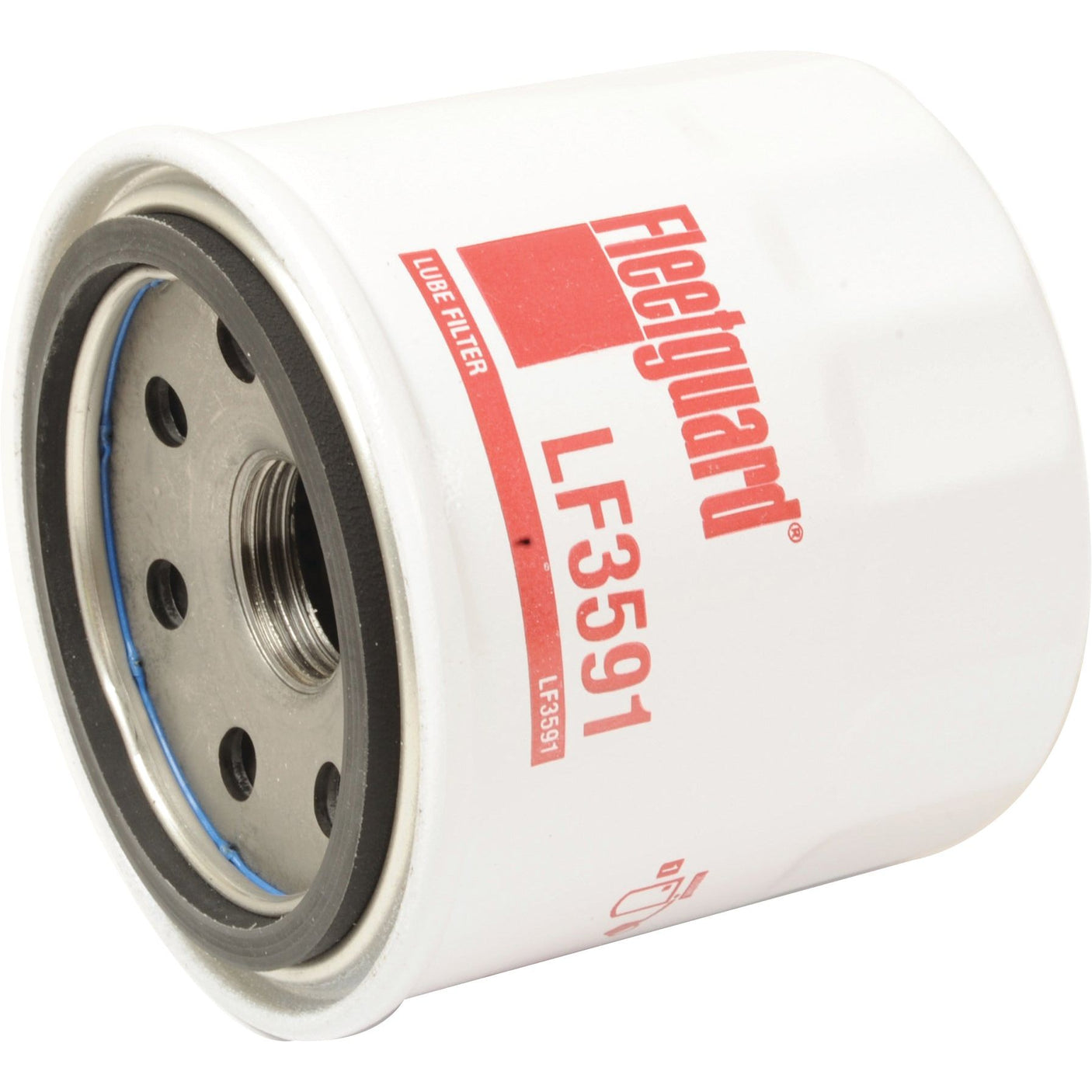 Close-up of a Sparex Oil Filter - Spin On - LF3591 (Sparex Part No. S.109424). The cylindrical filter features a white outer casing with red text, making it suitable for Kubota engines.