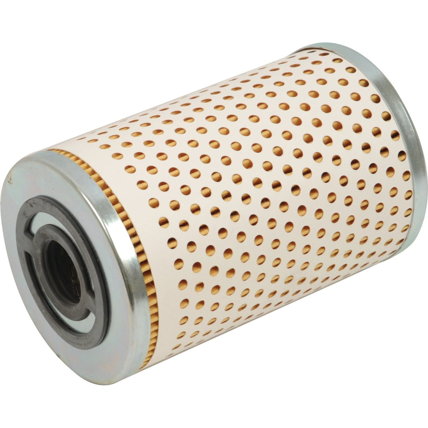 A cylindrical, perforated metal oil filter with a beige outer surface and metallic ends, similar to the Sparex Oil Filter - Element - LF3605 | Sparex Part No.S.109427, ideal for various applications.