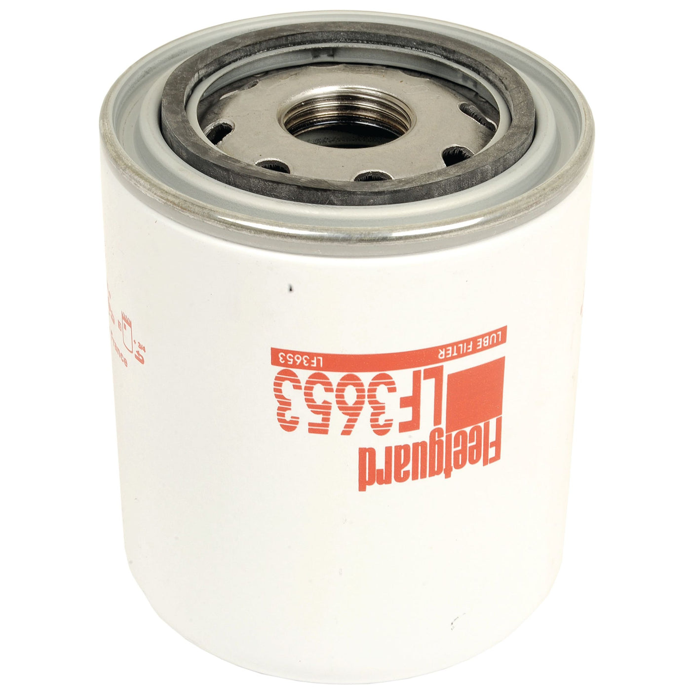 A white cylindrical oil filter (Sparex Part No. S.109434, product name LF3653) with metal components and red branding on the side, commonly used in JCB machinery.