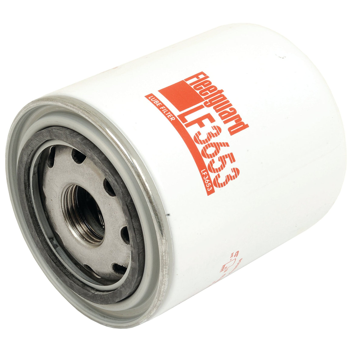 A white Sparex Oil Filter - Spin On - LF3653 (Sparex Part No. S.109434) with a metal base and threaded center, designed to fit JCB machinery.