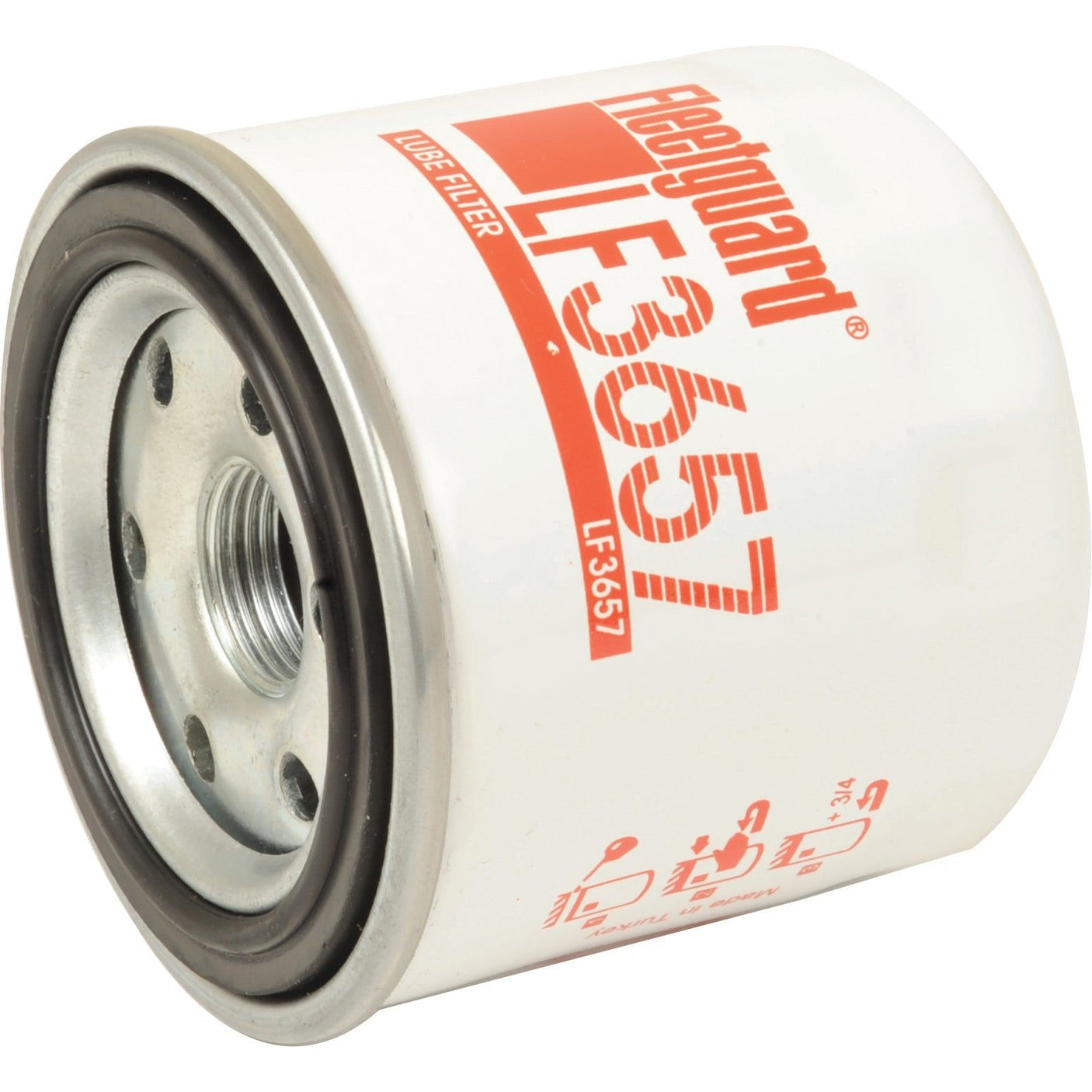 A white Sparex LF3657 oil filter, labeled with red text and graphics, features a threaded mounting hole (M20 x 1.50 INT) and gasket on one end; it is listed as Oil Filter - Spin On with Sparex Part No. S.109435.