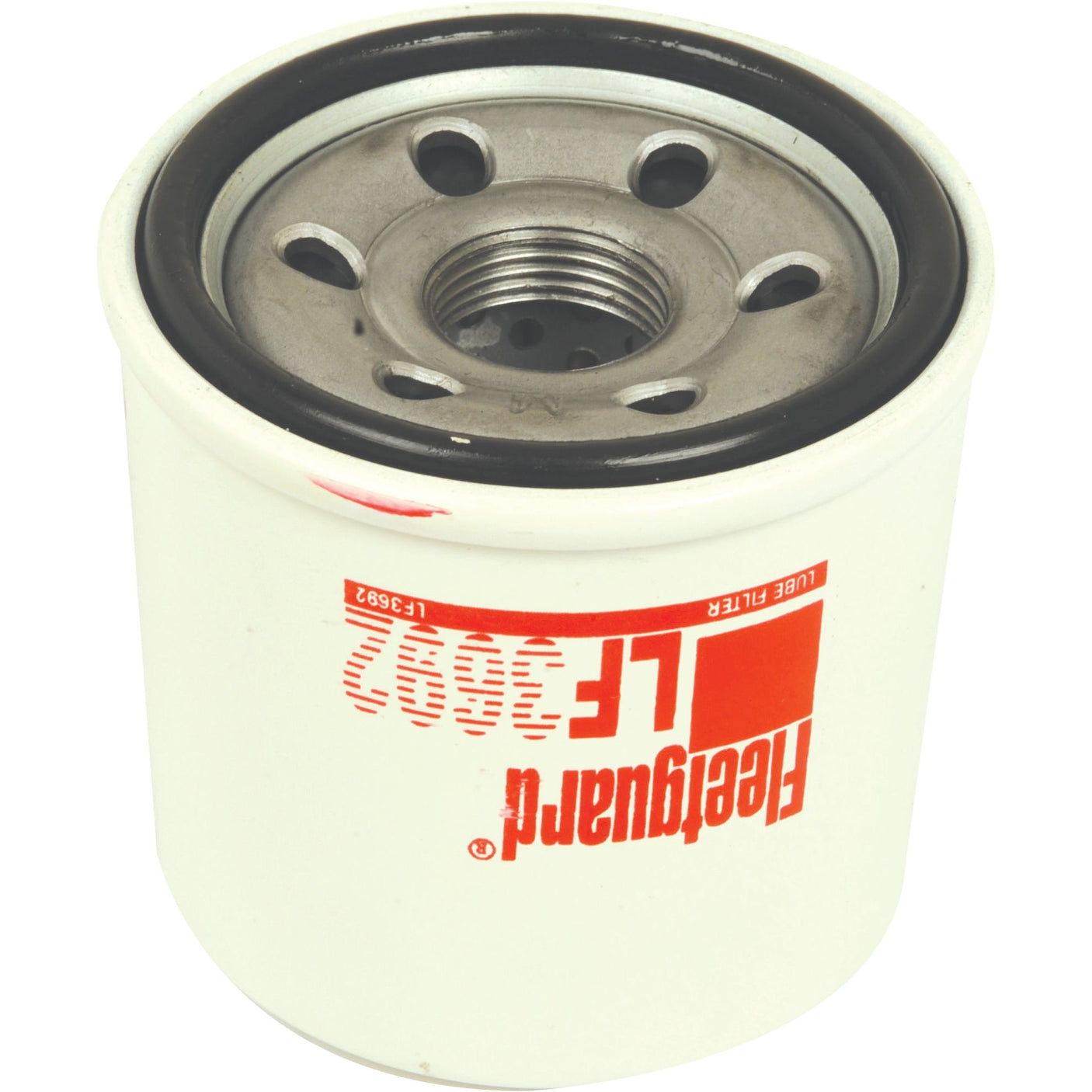 A white cylindrical oil filter with a metal base and multiple holes, labeled "Sparex S.109437." This spin-on LF3692 filter is ideal for John Deere machinery.