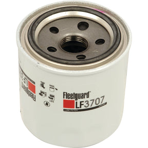 A white Sparex Oil Filter - Spin On - LF3707 (Sparex Part No.S.109439) is shown. The metallic top features several circular openings and a central threaded hole. The red and black branding and product details are visible on the side, making it ideal for Kubota B1700 tractors seeking reliable filtration performance.
