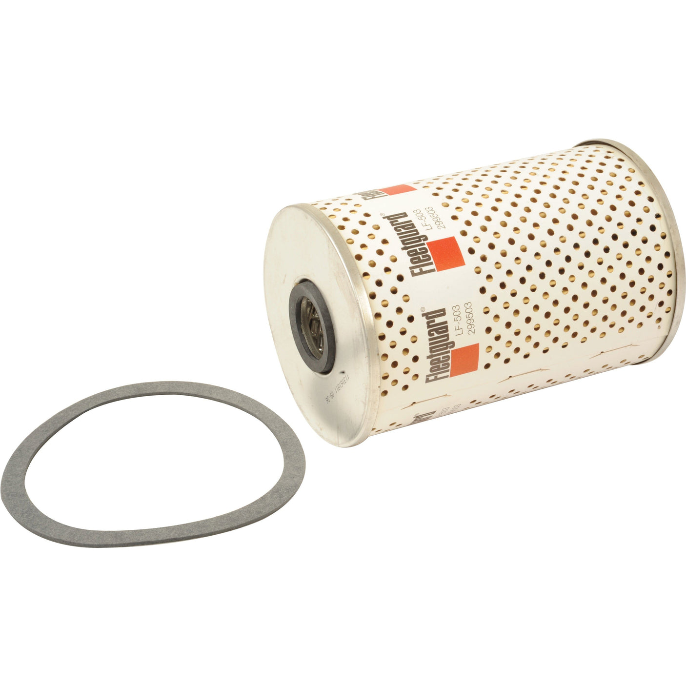 A cylindrical Sparex Oil Filter - Element - LF503 with a perforated metal casing lies next to a flat, oval gasket.