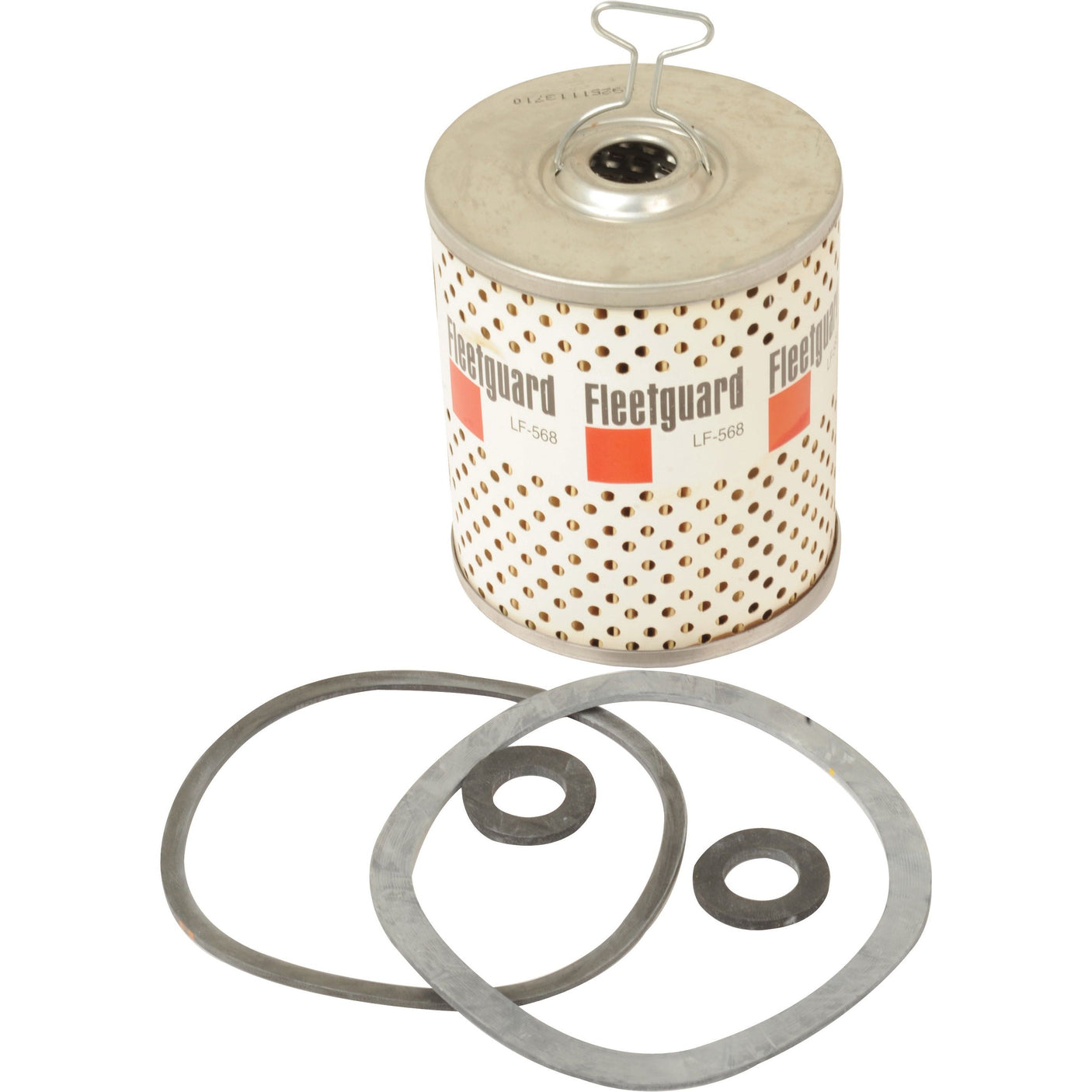 Sparex Oil Filter - Element LF568 (Sparex Part No. S.109480) comes with two gaskets and two washers, the ideal choice for your Massey Ferguson, placed in front.