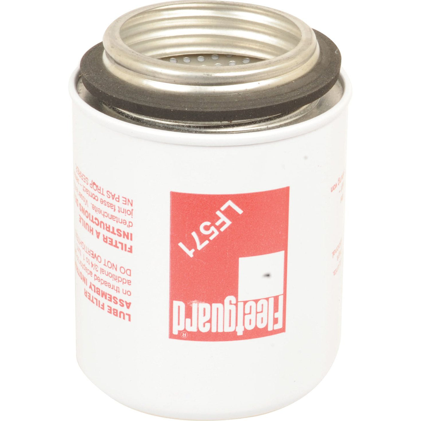 Image of a white and red Sparex Oil Filter - Spin On - LF571 (Sparex Part No. S.109483) standing upright, designed with a Mason jar thread for secure installation.