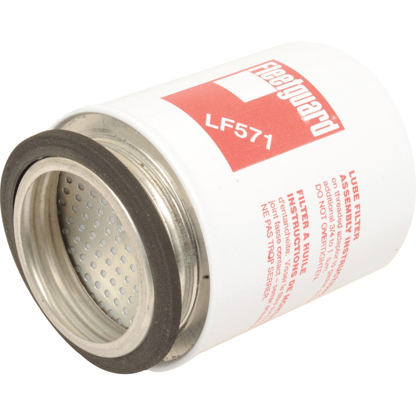 A white Sparex LF571 spin-on oil filter (Sparex Part No. S.109483) with a metal base and perforated center, featuring a design reminiscent of a Mason jar thread.