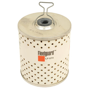 The Sparex Oil Filter Element LF574 (Sparex Part No. S.109485) is a cylindrical filter designed for Massey Ferguson tractors, featuring a metal top and bottom, multiple small holes across its surface, and a wire handle on the top.