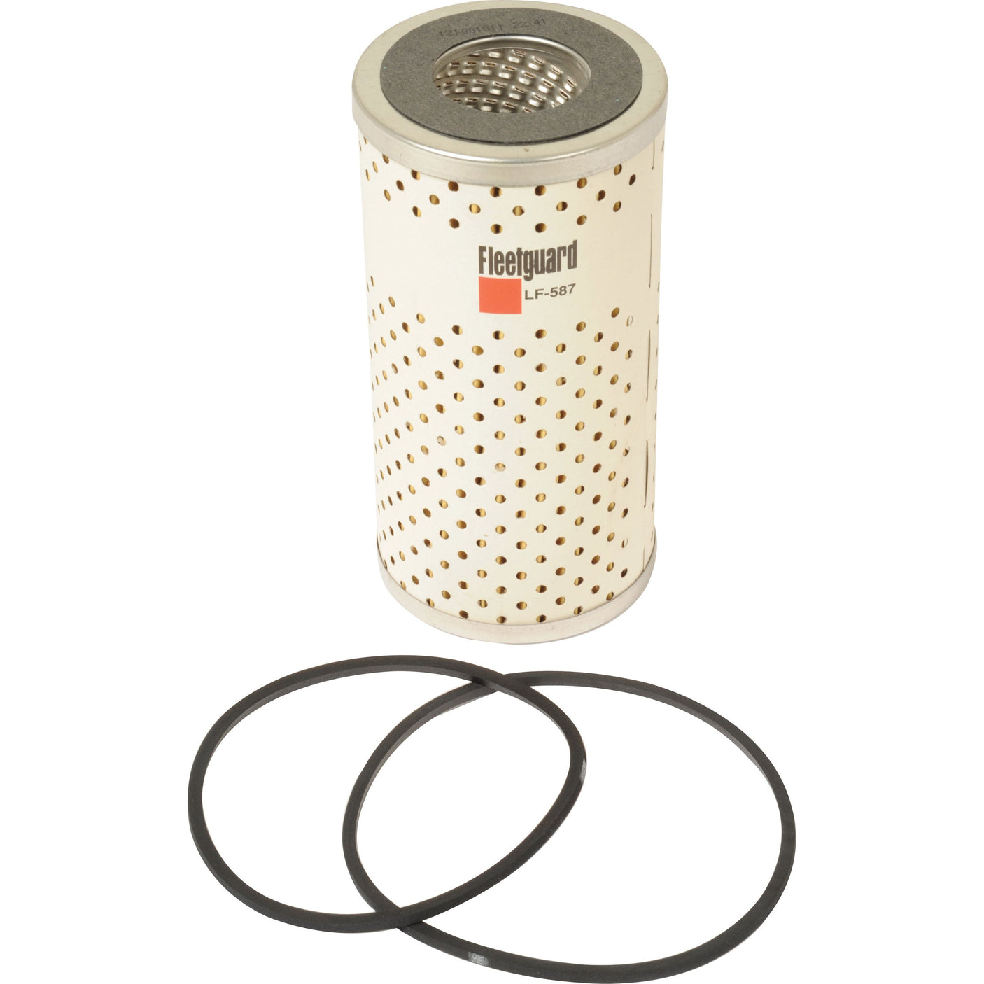 Cylinder-shaped oil filter with metallic perforated casing, labeled "Sparex LF-587", accompanied by two black rubber O-rings on a white background. This reliable Sparex Oil Filter ensures optimal performance for your John Deere machinery.