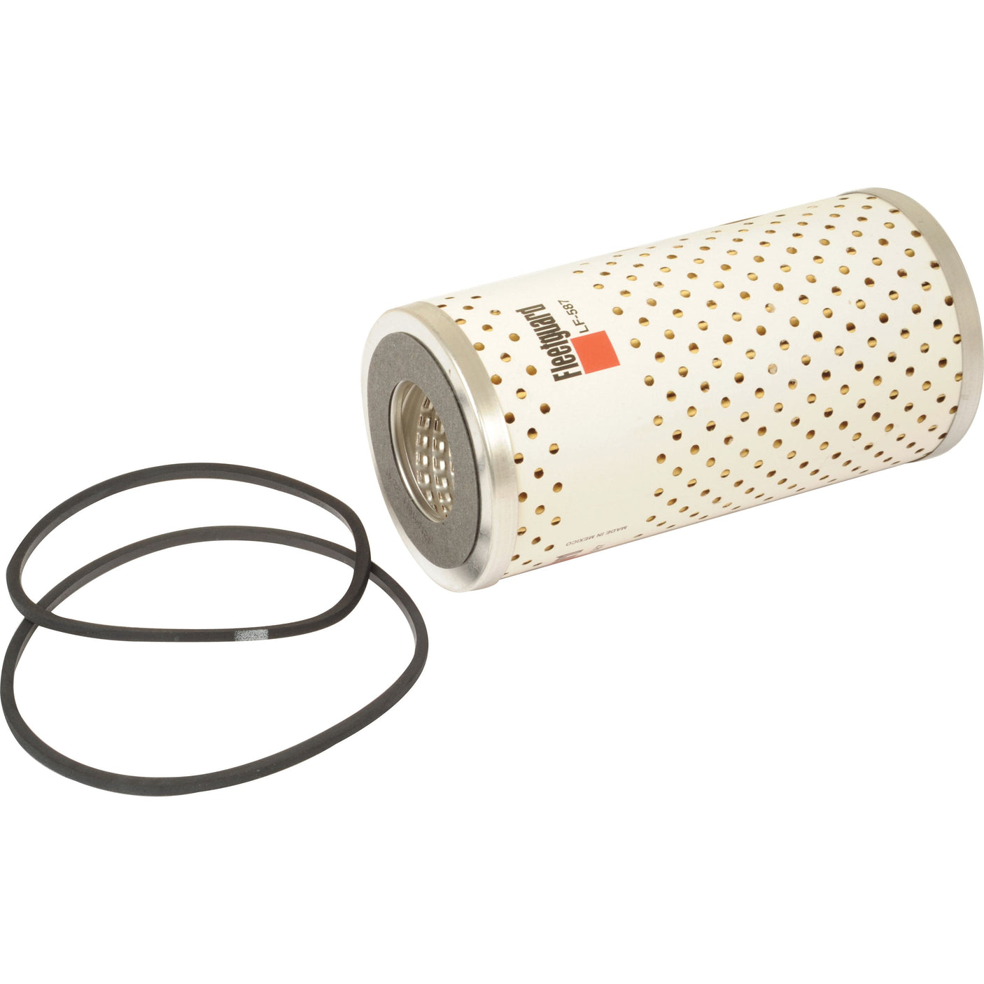 A cylindrical Sparex oil filter - element - LF587 (Sparex Part No. S.109490) with a white perforated outer layer lies next to two black rubber O-rings, ready for installation on your John Deere equipment.