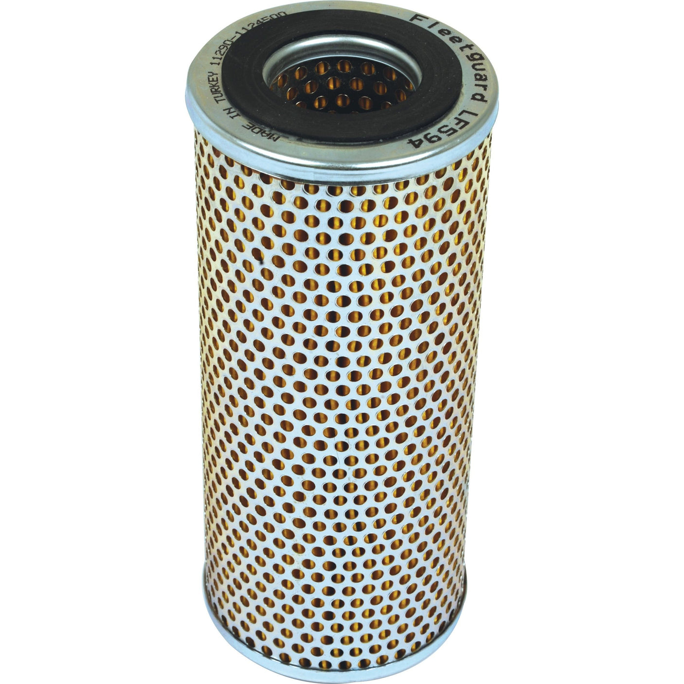 Oil filter element with a perforated metal surface and open ends, used for filtering air particles in engines or machinery, compatible with Fleetguard tractors. Product Name: Oil Filter - Element - LF594 | Sparex Part No. S.109491 by Sparex.