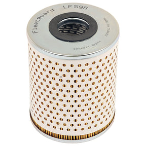 The Sparex Oil Filter - Element - LF598 (Sparex Part No. S.109493) is a cylindrical filter featuring perforated sidewalls, metal top and bottom plates, and partially visible manufacturer details including "Made in Turkey." It is ideal for use in agricultural machinery such as Claas DOMINATOR or Massey Ferguson tractors.