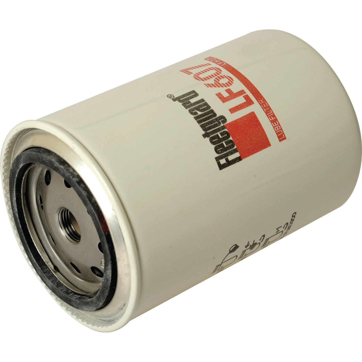 The Sparex Oil Filter - Spin On - LF607 (Sparex Part No. S.109494) is a cylindrical Fleetguard oil filter with a white body, red branding, and a metal base featuring visible holes and threads. It's ideal for Massey Ferguson engines.