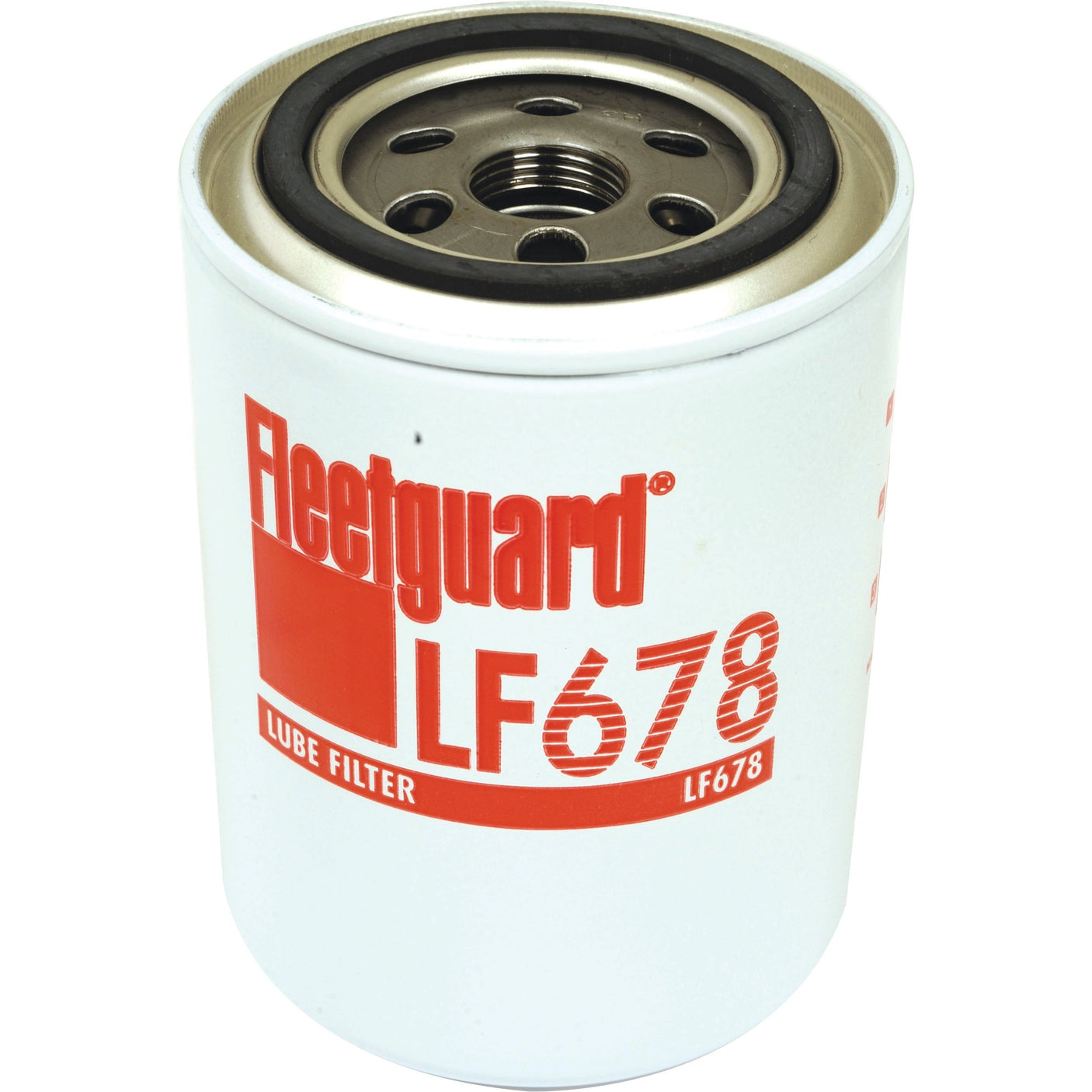 Sparex Oil Filter - Spin On - LF678 (Sparex Part No. S.109505), a cylindrical automotive lube filter with a white exterior and red text, is designed for John Deere equipment.