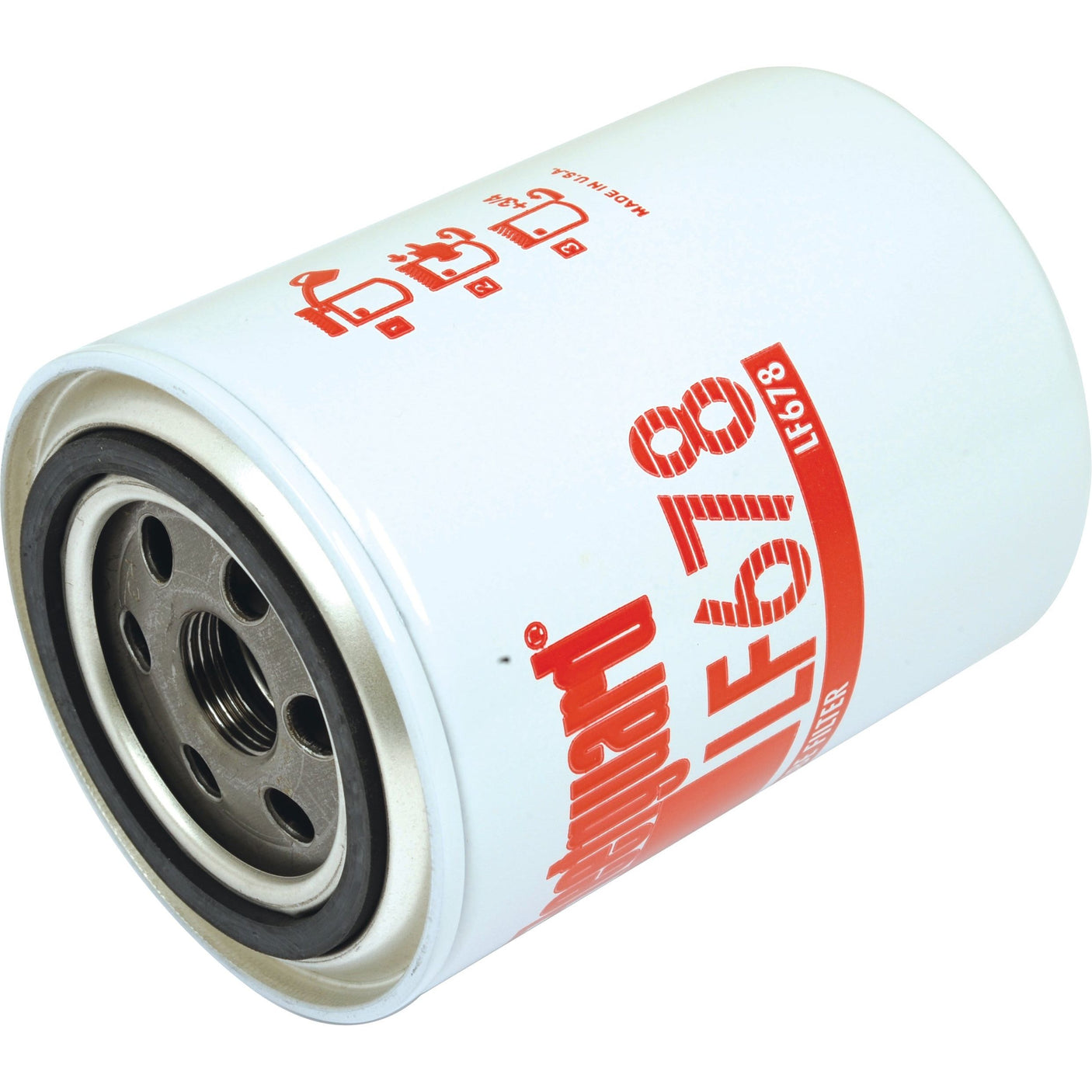 Close-up of a white Sparex oil filter with red and black markings, including the model number LF678 and the brand name. Suitable for John Deere machinery.