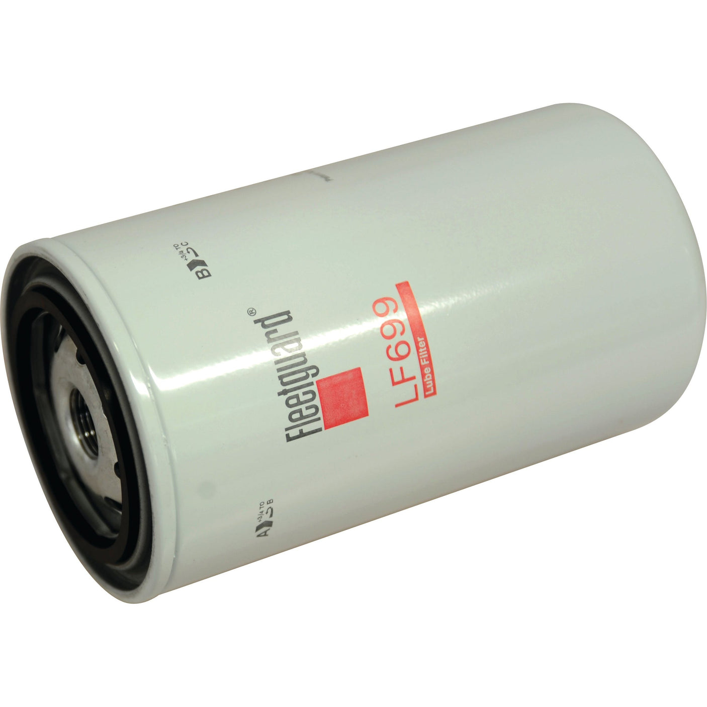 A close-up of the Sparex Oil Filter - Spin On - LF699 (Sparex Part No. S.109512) featuring white casing with red lettering, black sealing components, and a 3/4 - 16 UNF-2B thread.