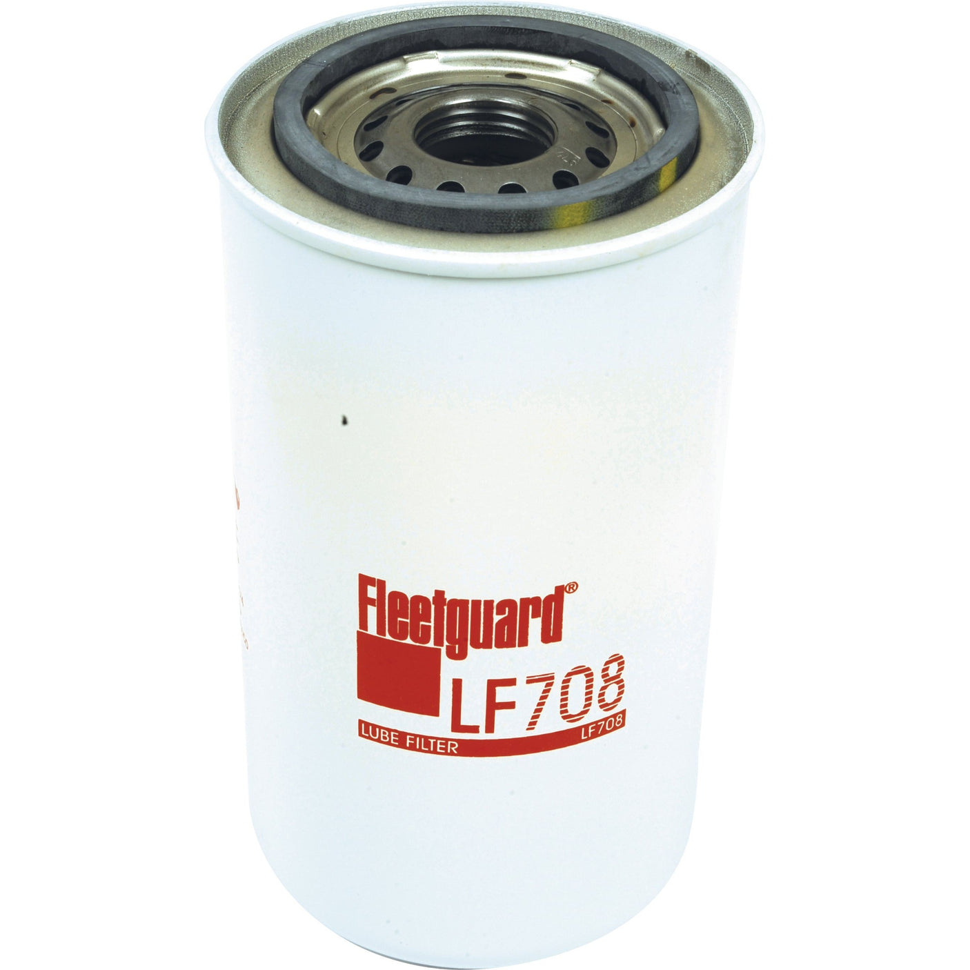 A white cylindrical oil filter, branded Sparex and labeled as the Spin On LF708 (Sparex Part No.S.109516), has a metal top and bottom, features a red company logo and product information in red text, and is suitable for Ford / New Holland equipment.