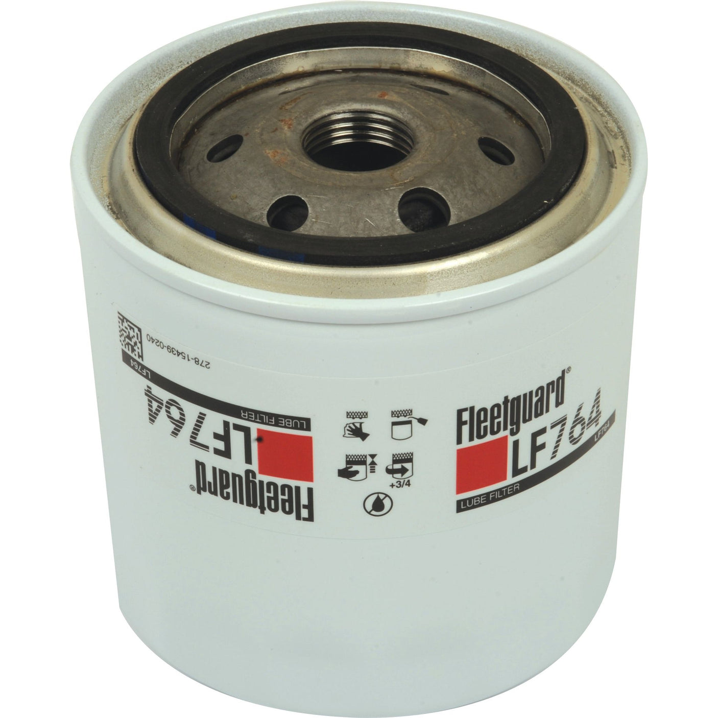 A cylindrical Sparex oil filter, model LF764 (Sparex Part No. S.109521), with a white body and printed label featuring various symbols and text. The top has a metal component with a threaded hole for installation. Ideal for Case IH machinery, it ensures superior filtration performance.