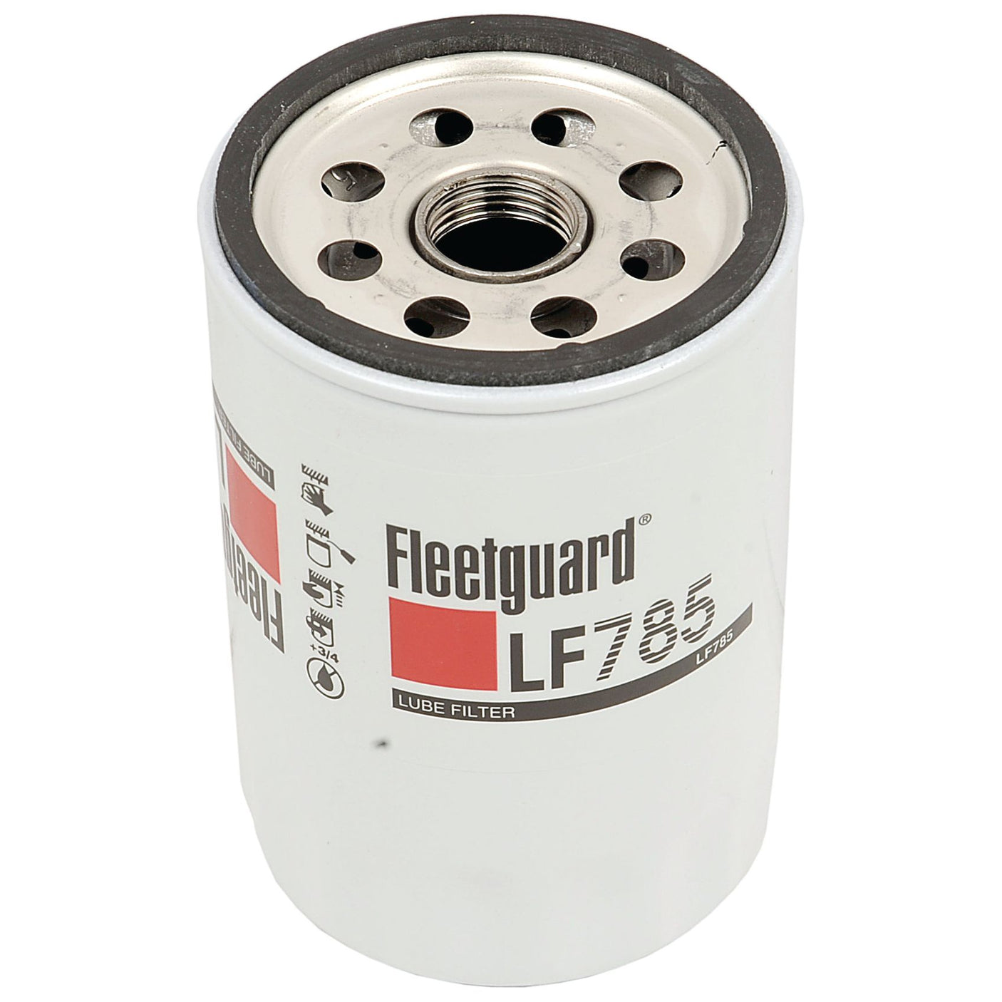 A Sparex Oil Filter - Spin On - LF785 (Sparex Part No. S.109524), featuring a white casing, a black rim, and a metallic top with multiple holes and a threaded center.