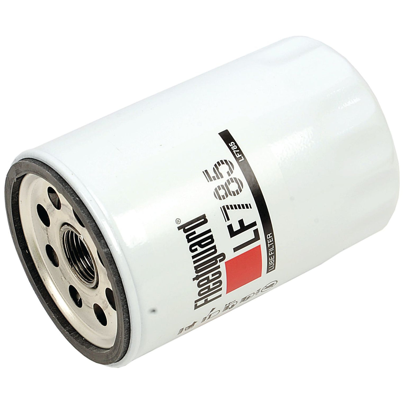 A cylindrical white oil filter, labeled "Sparex LF785," features a metal ring with multiple holes around its circular opening. This spin-on oil filter is designed for efficient performance and easy installation.