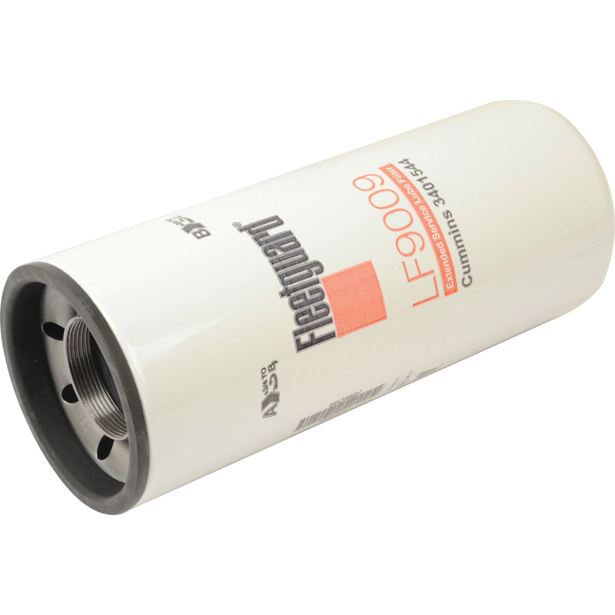 A white Sparex Oil Filter - Spin On - LF9009, labeled with "Cummins 3401JH3," featuring an open threaded end and four smaller holes around the central opening, is suitable for Case IH equipment.