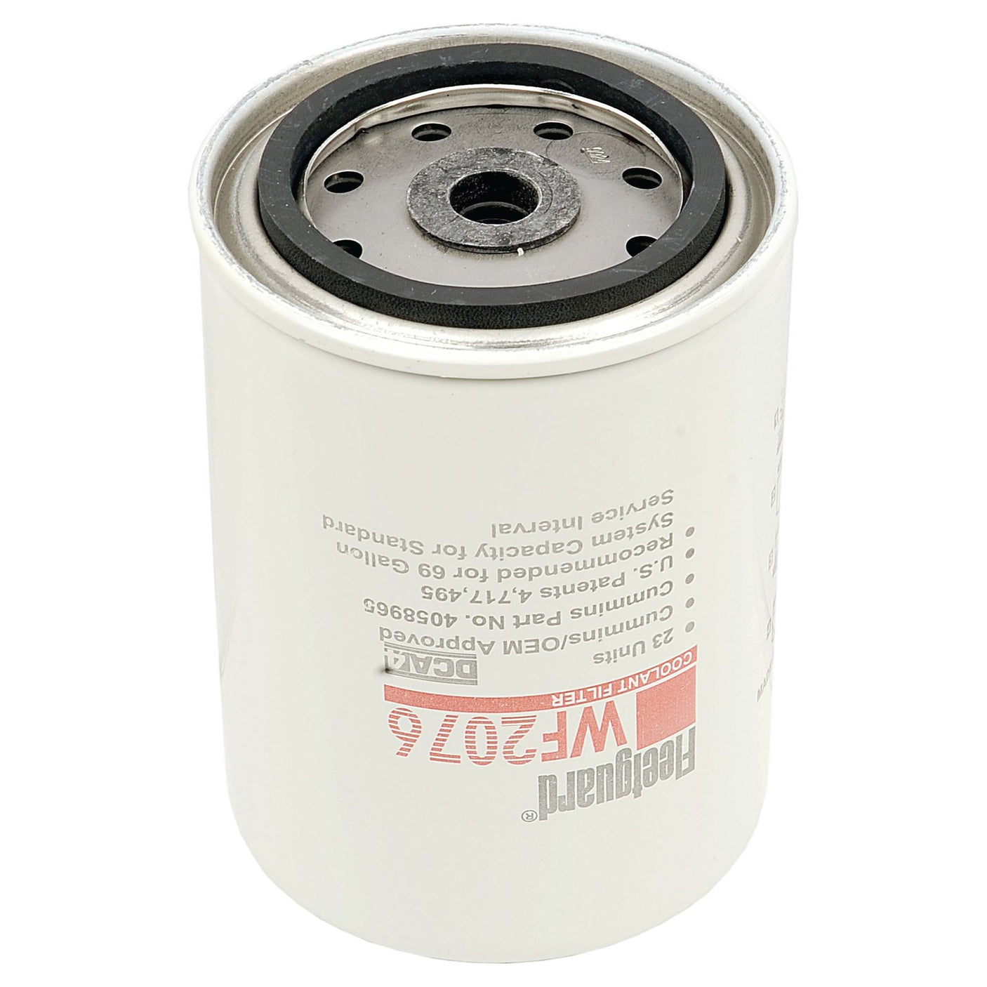 White cylindrical water filter with a black rubber seal and metal fittings, marked with "Sparex S.109544" and specifications printed in red and black text. Suitable for Case IH / International Harvester vehicles, the Sparex WF2076 provides reliable filtration to ensure optimal performance.