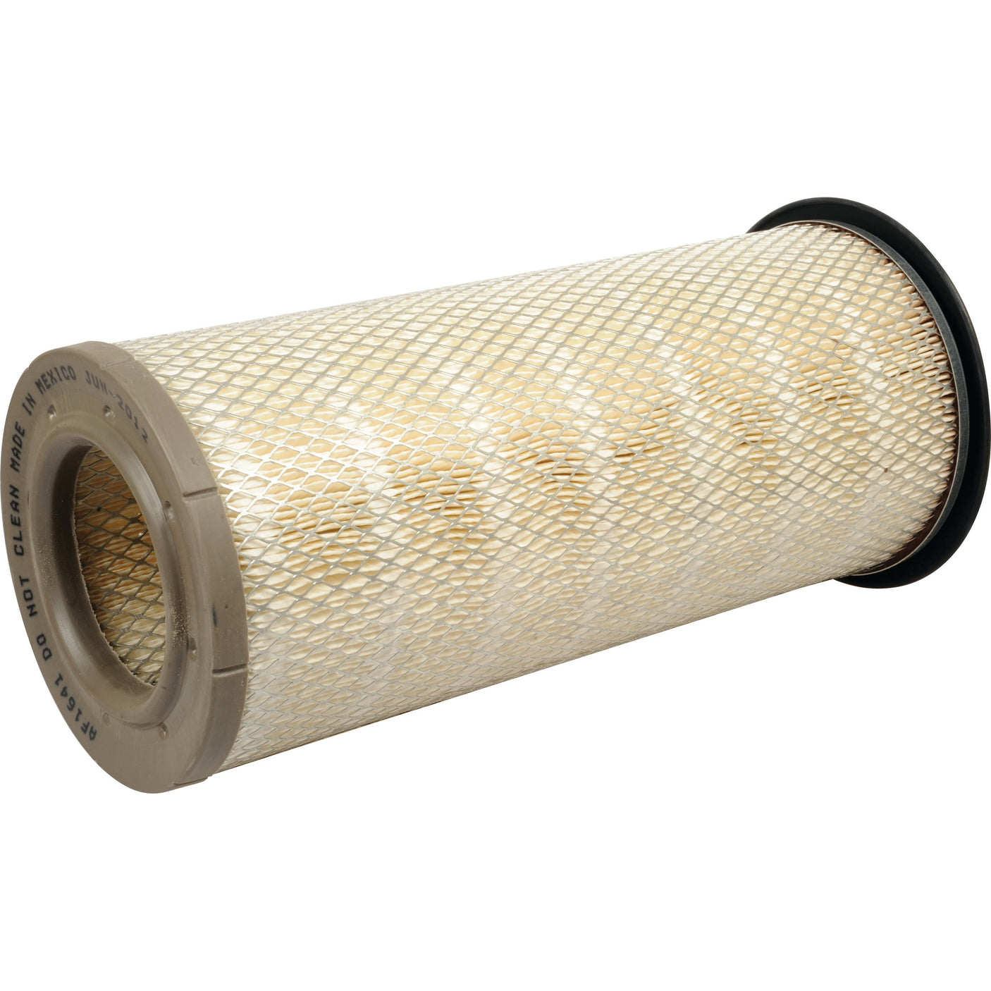 The Sparex Air Filter - Outer (AF1641 | Sparex Part No. S.109554) features a cylindrical design with a metal mesh exterior and rubber ends, specifically engineered to trap dust and debris, making it ideal for Ford New Holland machinery.