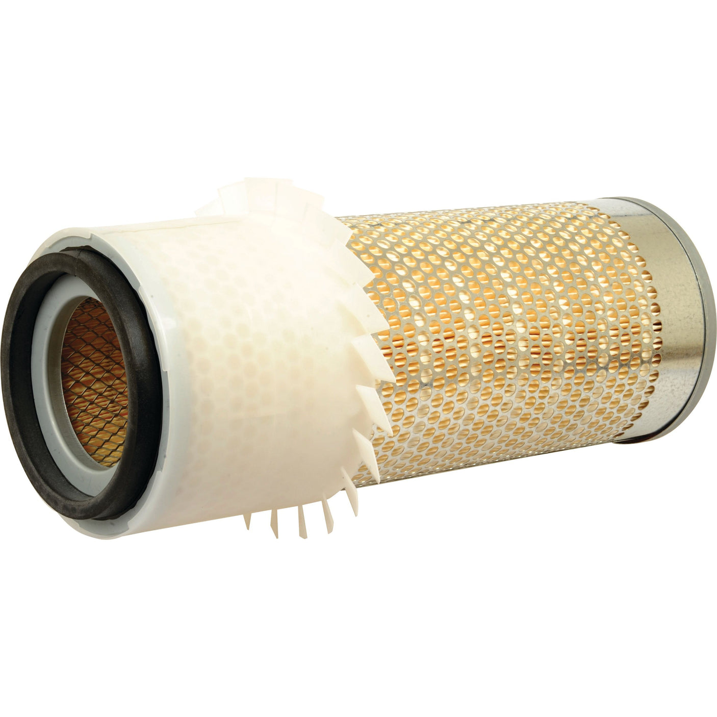 The Sparex Air Filter - Outer (AF1733K), identified by part number S.109555, is a cylindrical filter featuring a metal mesh construction, plastic end caps, and a white spiked exterior rim. Designed specifically for Massey Ferguson tractors, this reliable filter ensures robust filtration and dependable performance.