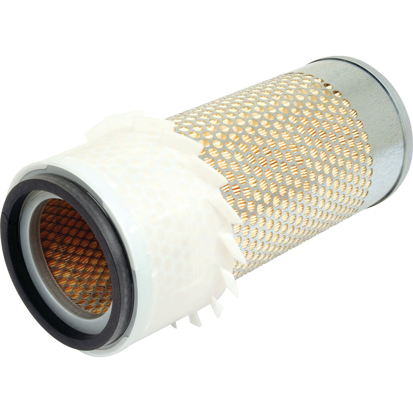 The Sparex Air Filter - Outer - AF1830KM (Sparex Part No. S.109557) features a robust metal mesh and paper pleats, complemented by black rubber gaskets on both ends and a white plastic support structure.