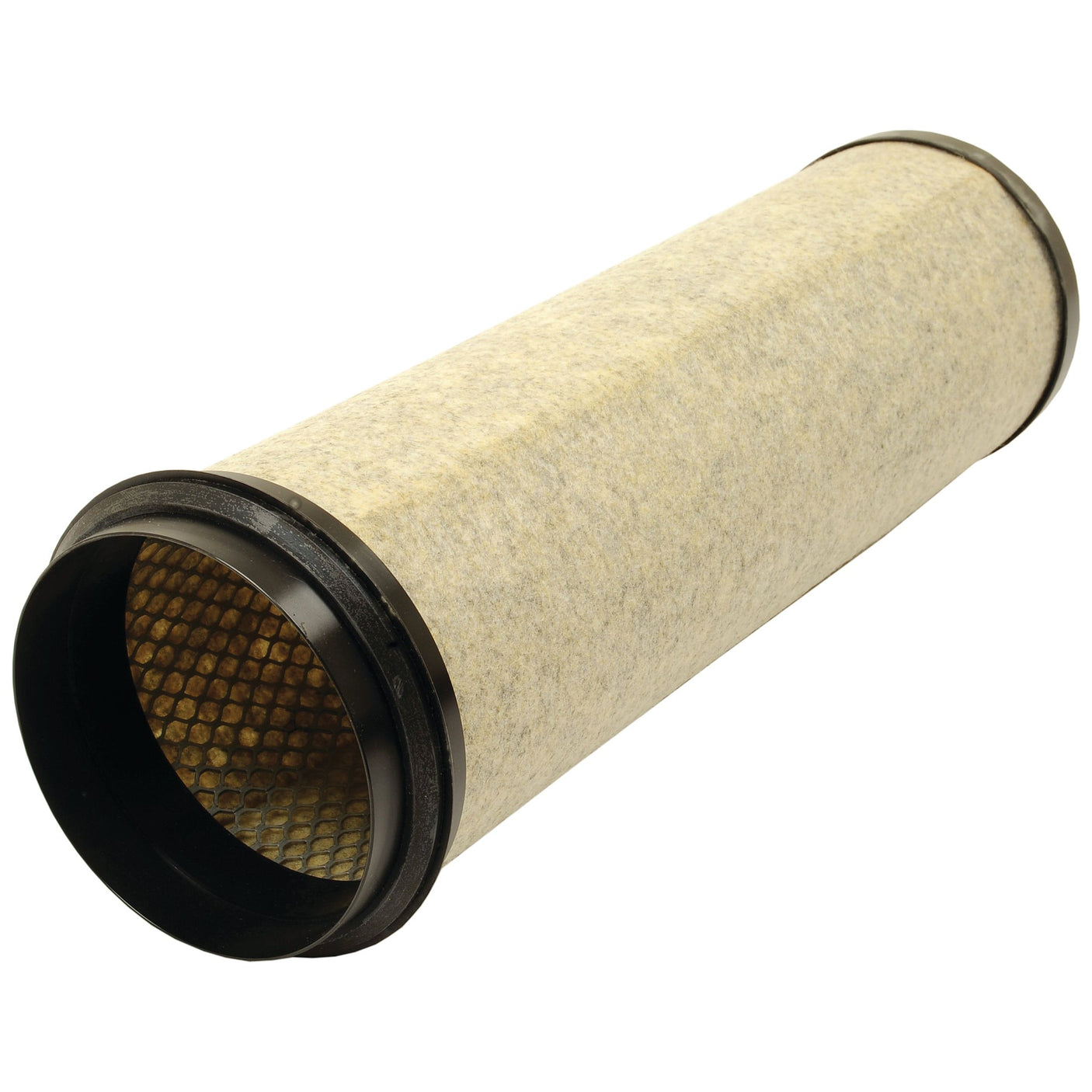 A cylindrical Sparex air filter (Air Filter - Inner - AF1841 | Sparex Part No. S.109558) featuring a beige, textured surface and black plastic ends, designed for mechanical air filtration.