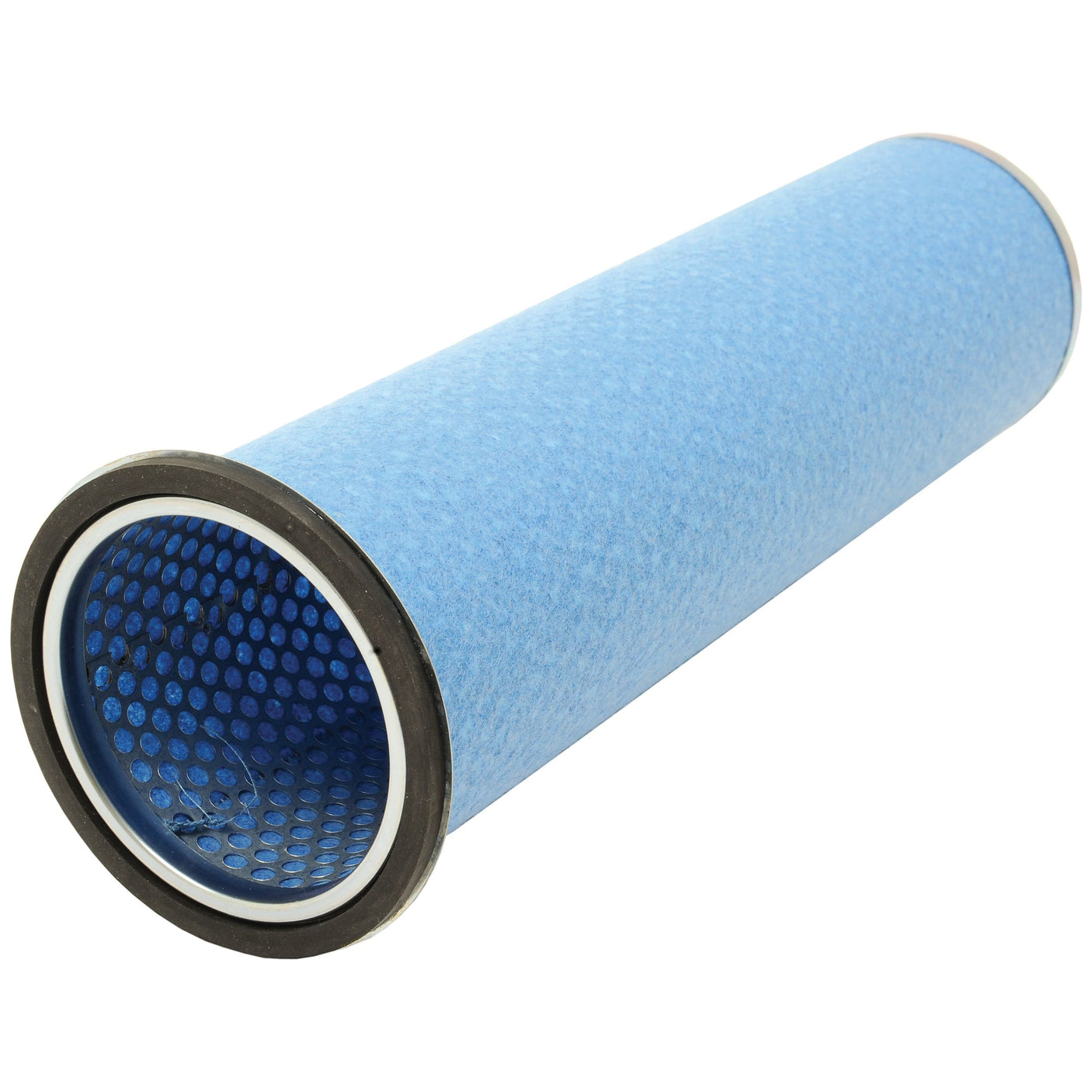 The Sparex Air Filter - Inner - AF4150, Fleetguard model, is a high-performance cylindrical filter featuring a blue exterior with black and white rubber edges. Compatible with John Deere equipment, it boasts a perforated inner surface to ensure superior airflow.